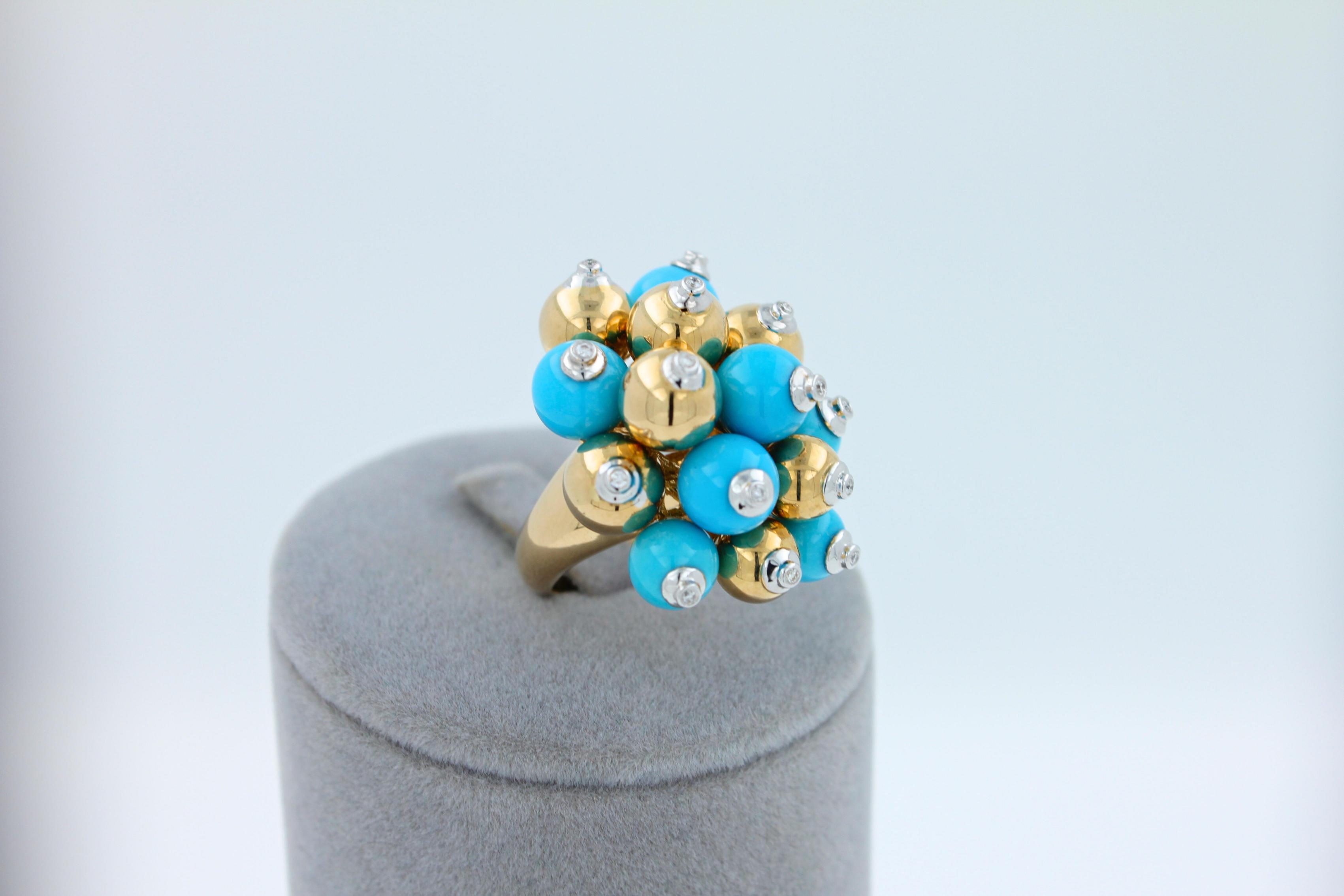 Blue Turquoise Diamonds Golden Spheres Balls Christmas Bells Motif 18K Gold Ring