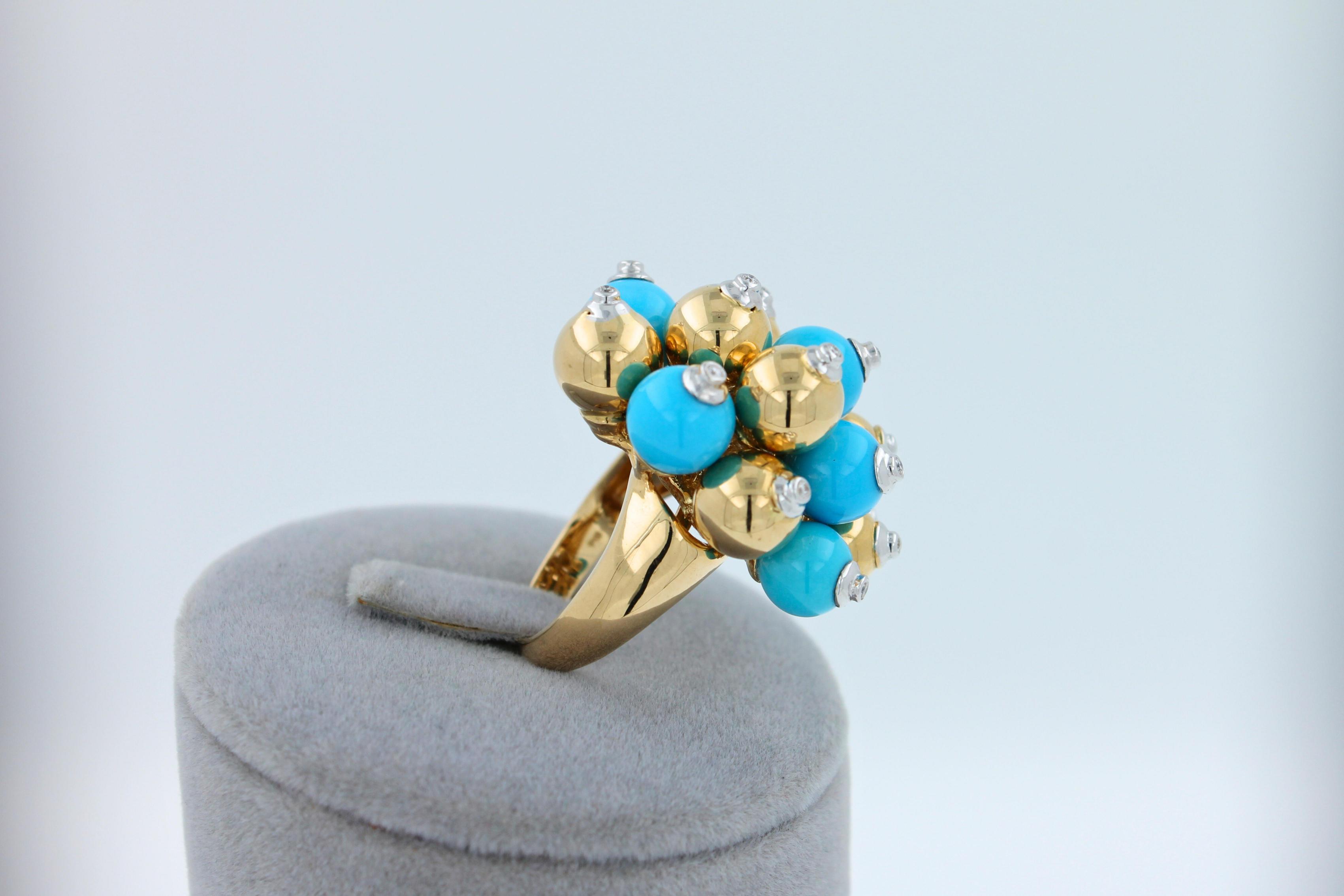 Blue Turquoise Diamonds Golden Spheres Balls Christmas Bells Motif 18K Gold Ring