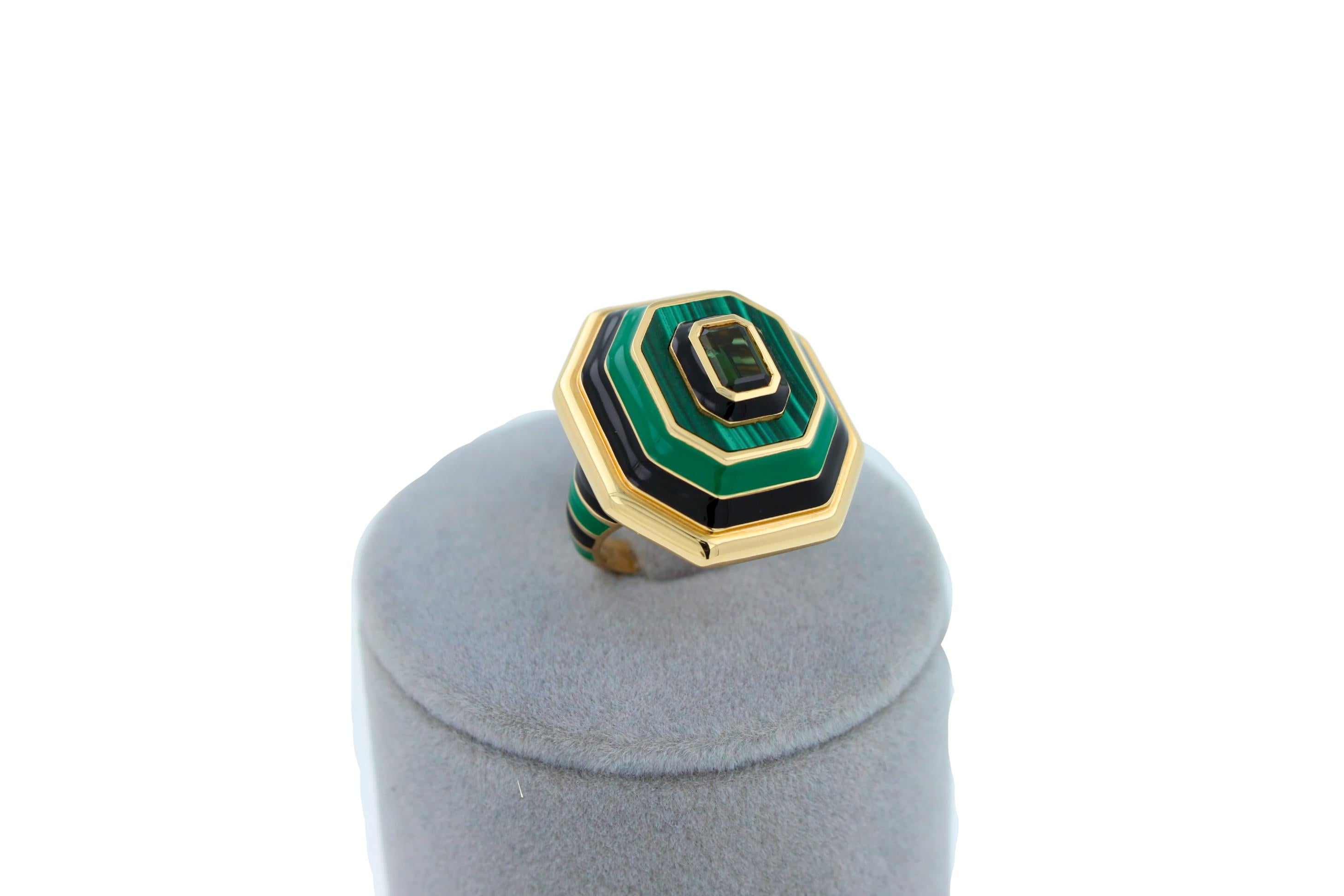 Green Tourmaline Malachite Green Black Enamel 18K Yellow Gold Enamel Unique Ring