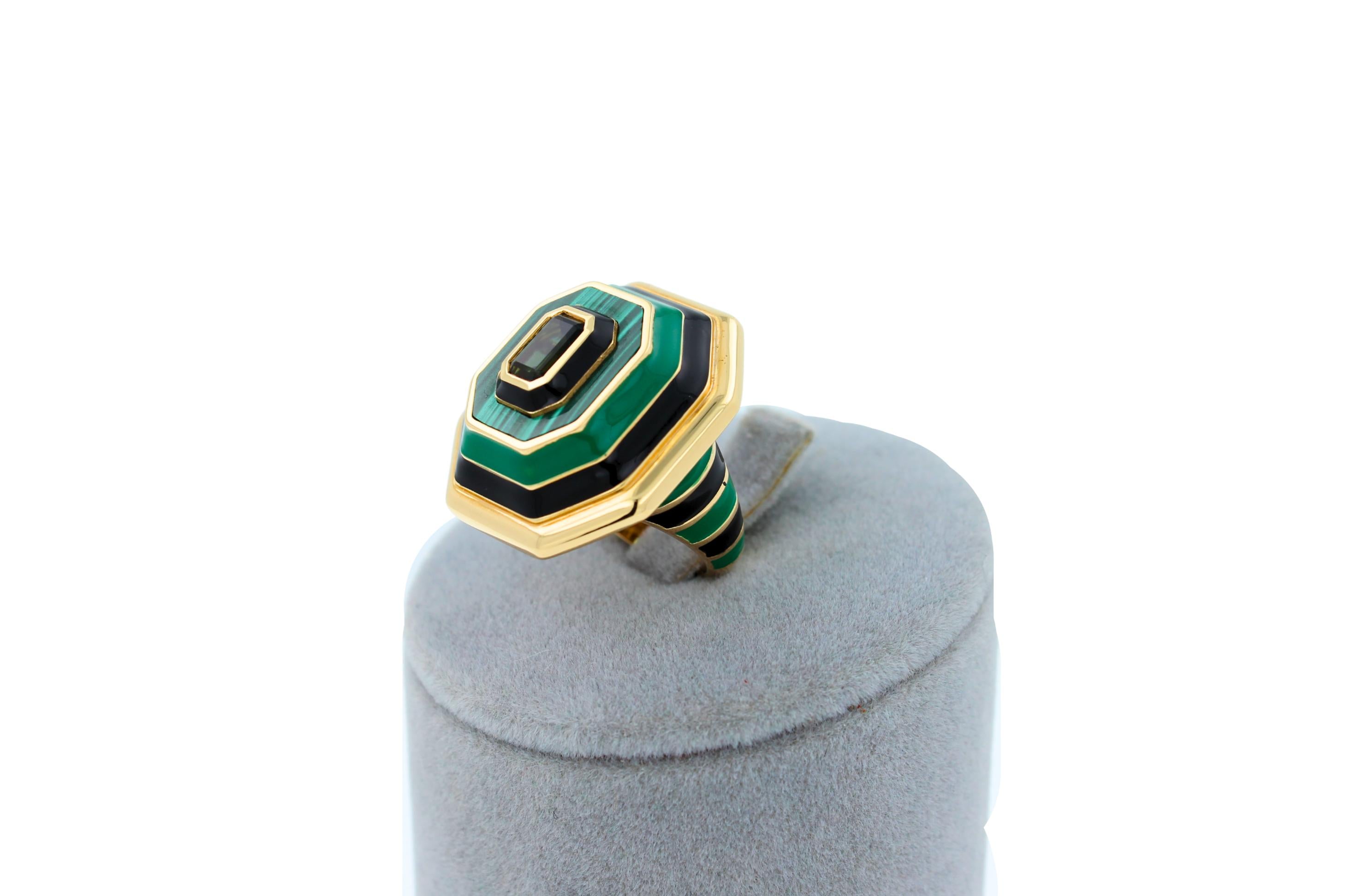 Green Tourmaline Malachite Green Black Enamel 18K Yellow Gold Enamel Unique Ring