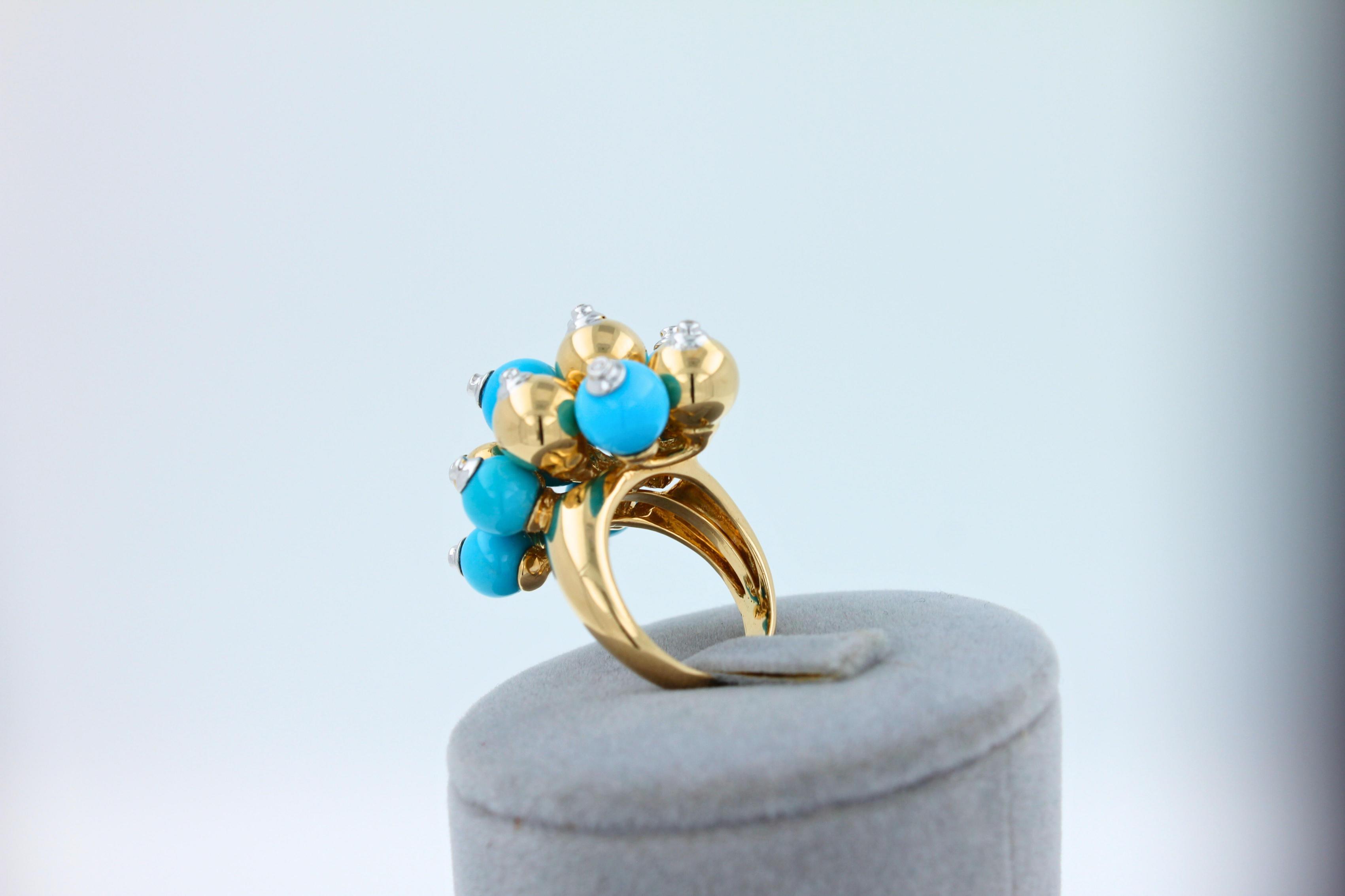 Blue Turquoise Diamonds Golden Spheres Balls Christmas Bells Motif 18K Gold Ring