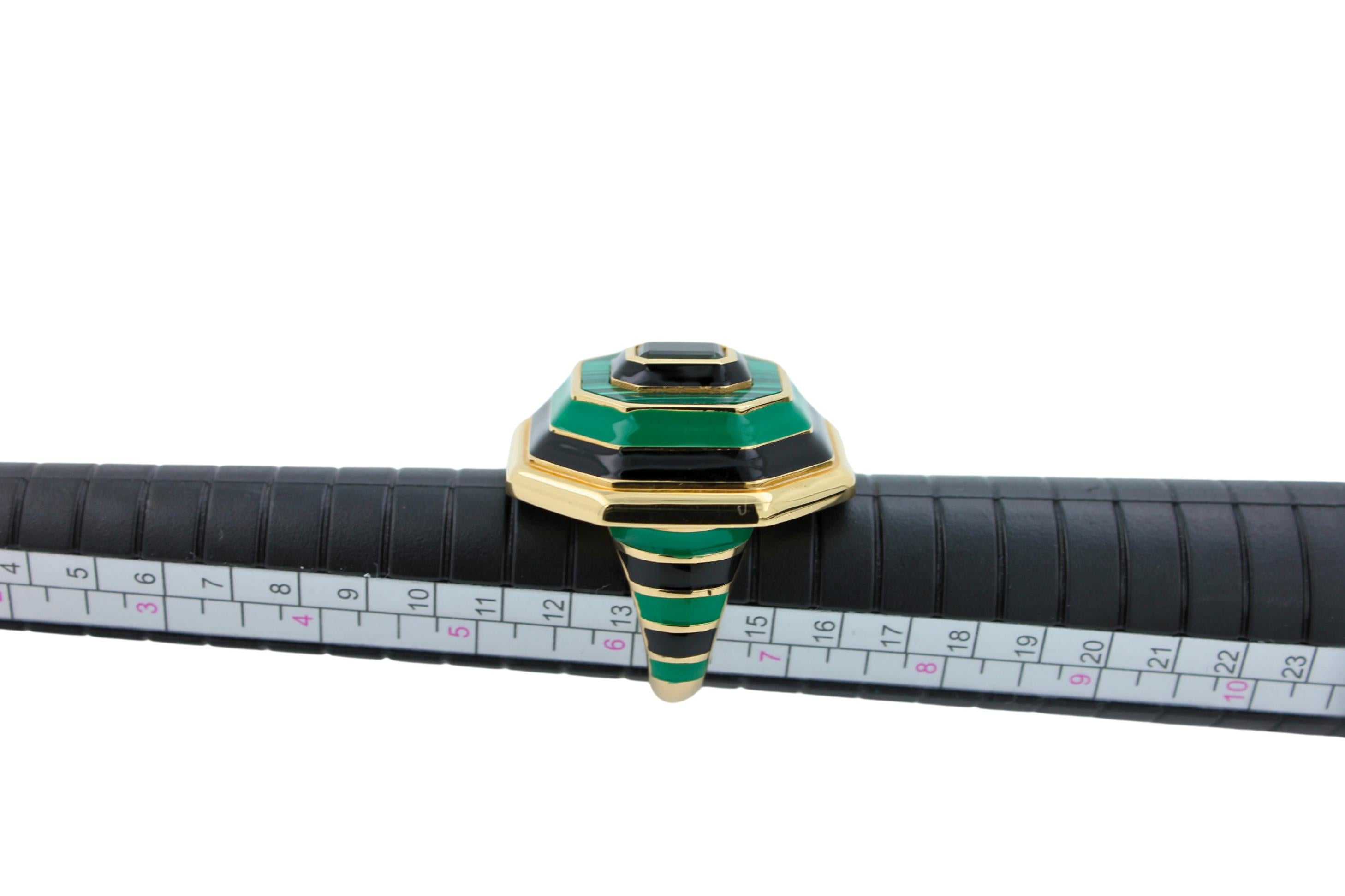 Green Tourmaline Malachite Green Black Enamel 18K Yellow Gold Enamel Unique Ring