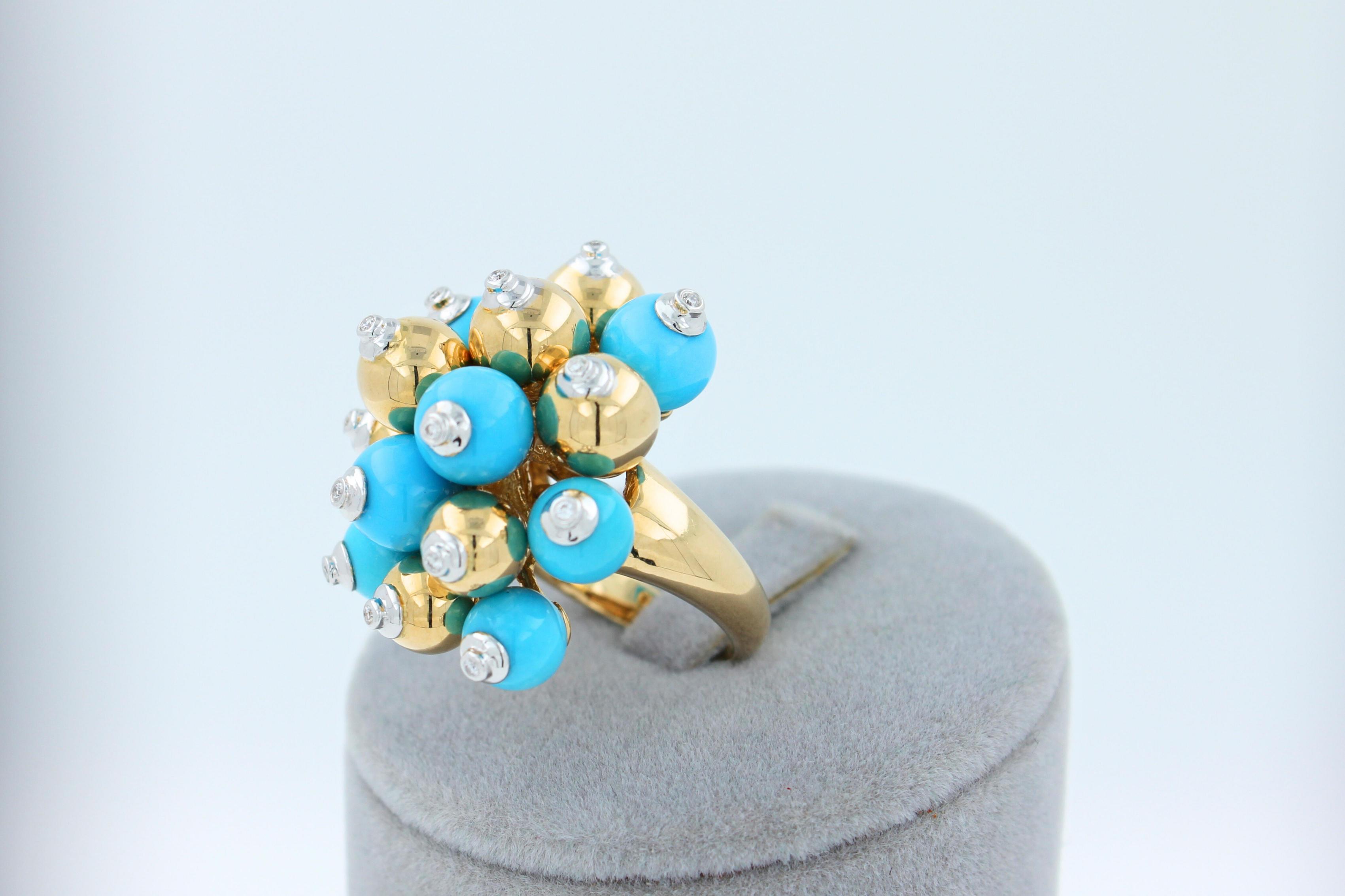 Blue Turquoise Diamonds Golden Spheres Balls Christmas Bells Motif 18K Gold Ring