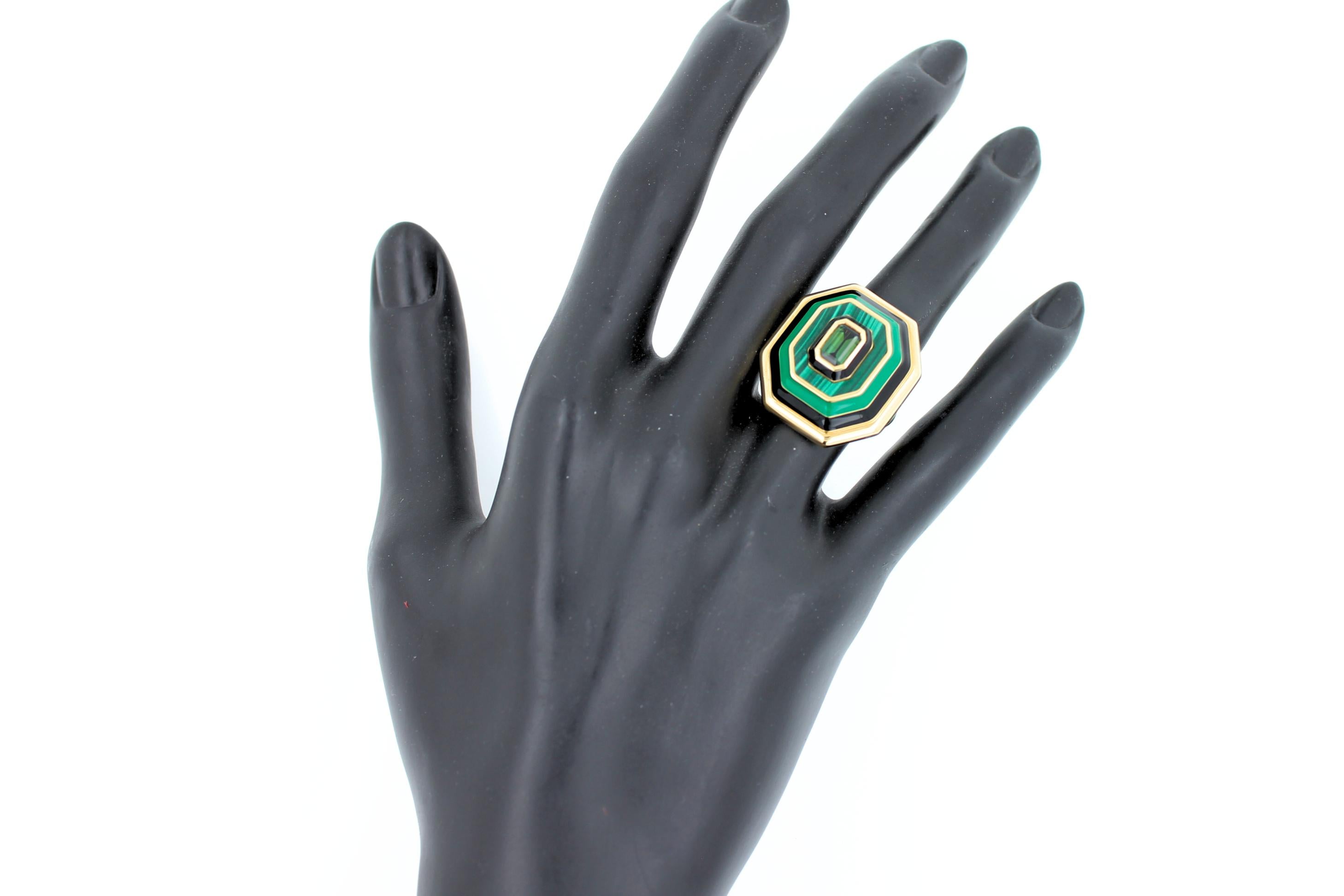 Green Tourmaline Malachite Green Black Enamel 18K Yellow Gold Enamel Unique Ring