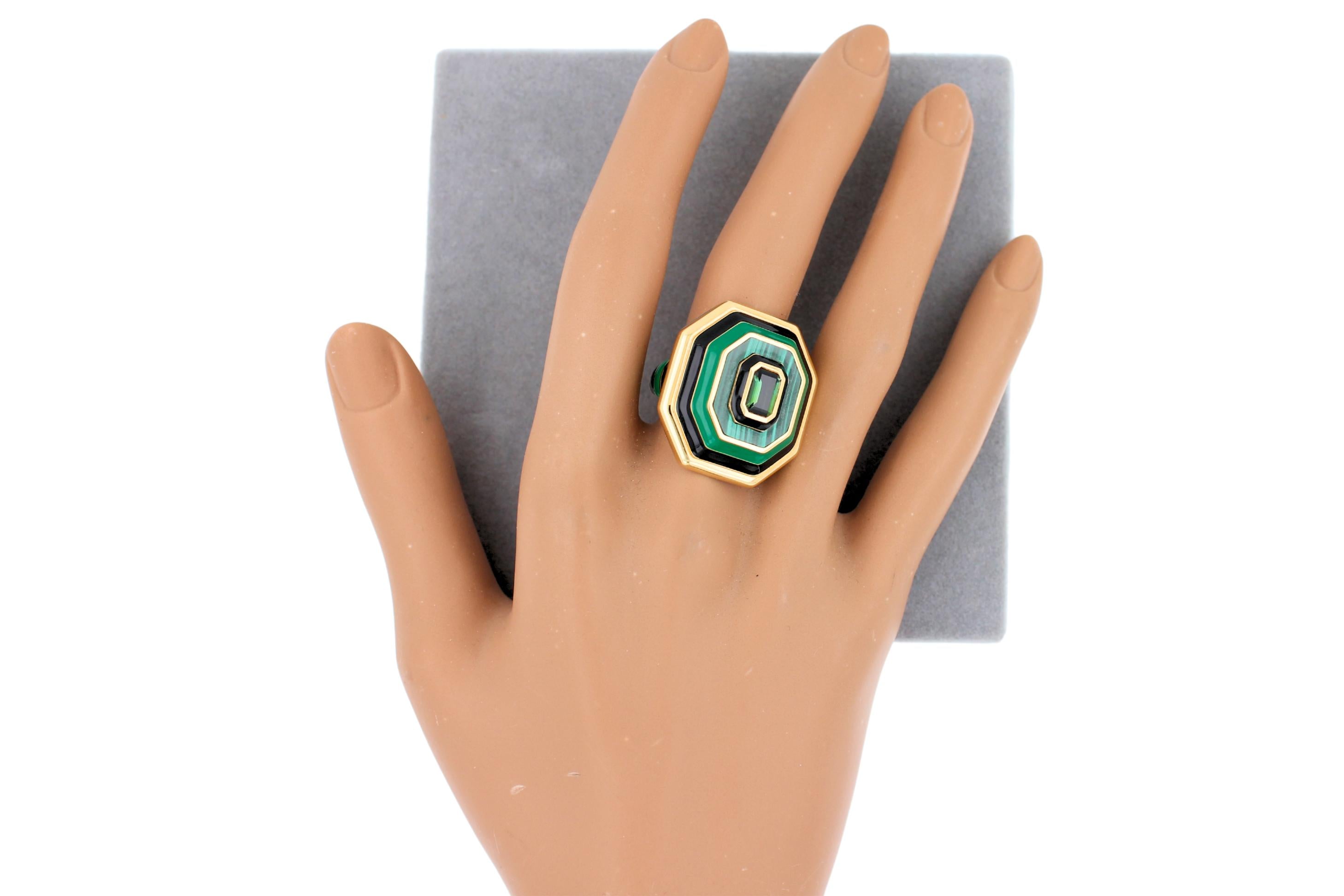 Green Tourmaline Malachite Green Black Enamel 18K Yellow Gold Enamel Unique Ring