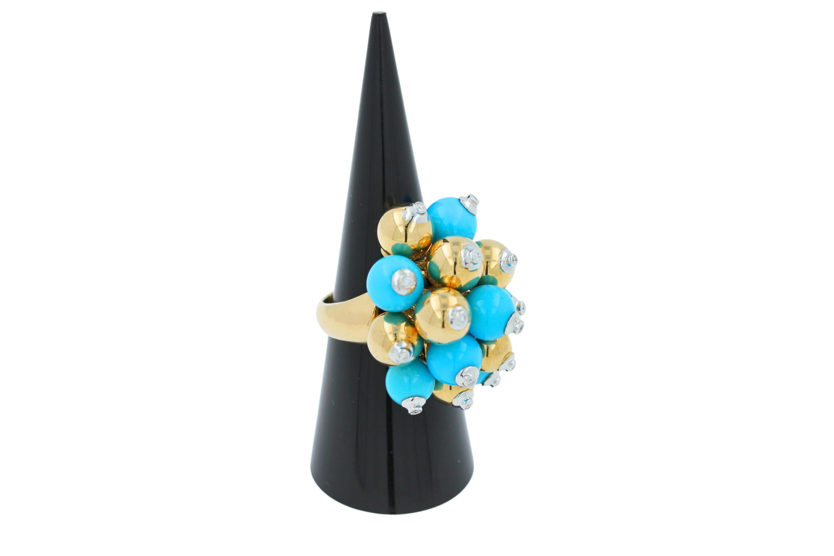 Blue Turquoise Diamonds Golden Spheres Balls Christmas Bells Motif 18K Gold Ring