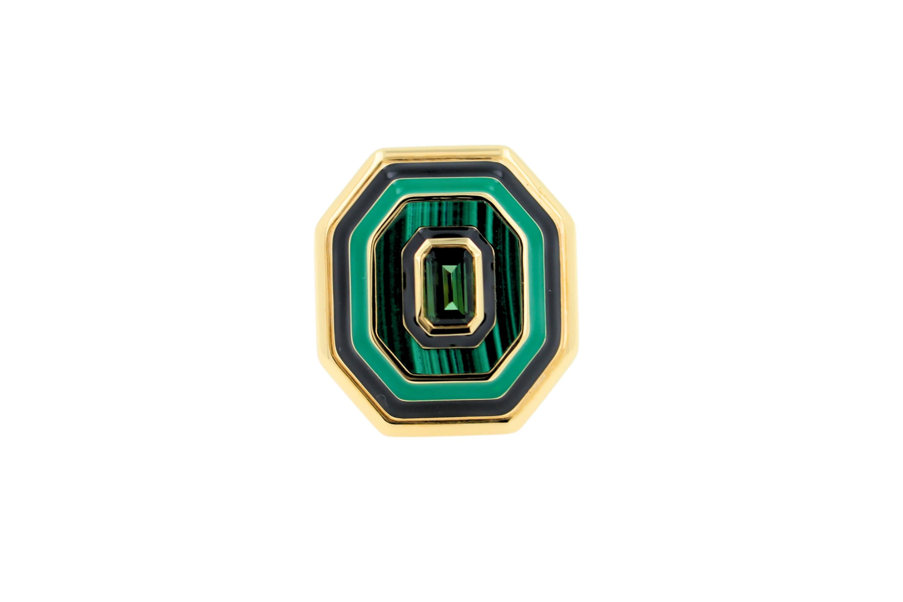 Green Tourmaline Malachite Green Black Enamel 18K Yellow Gold Enamel Unique Ring