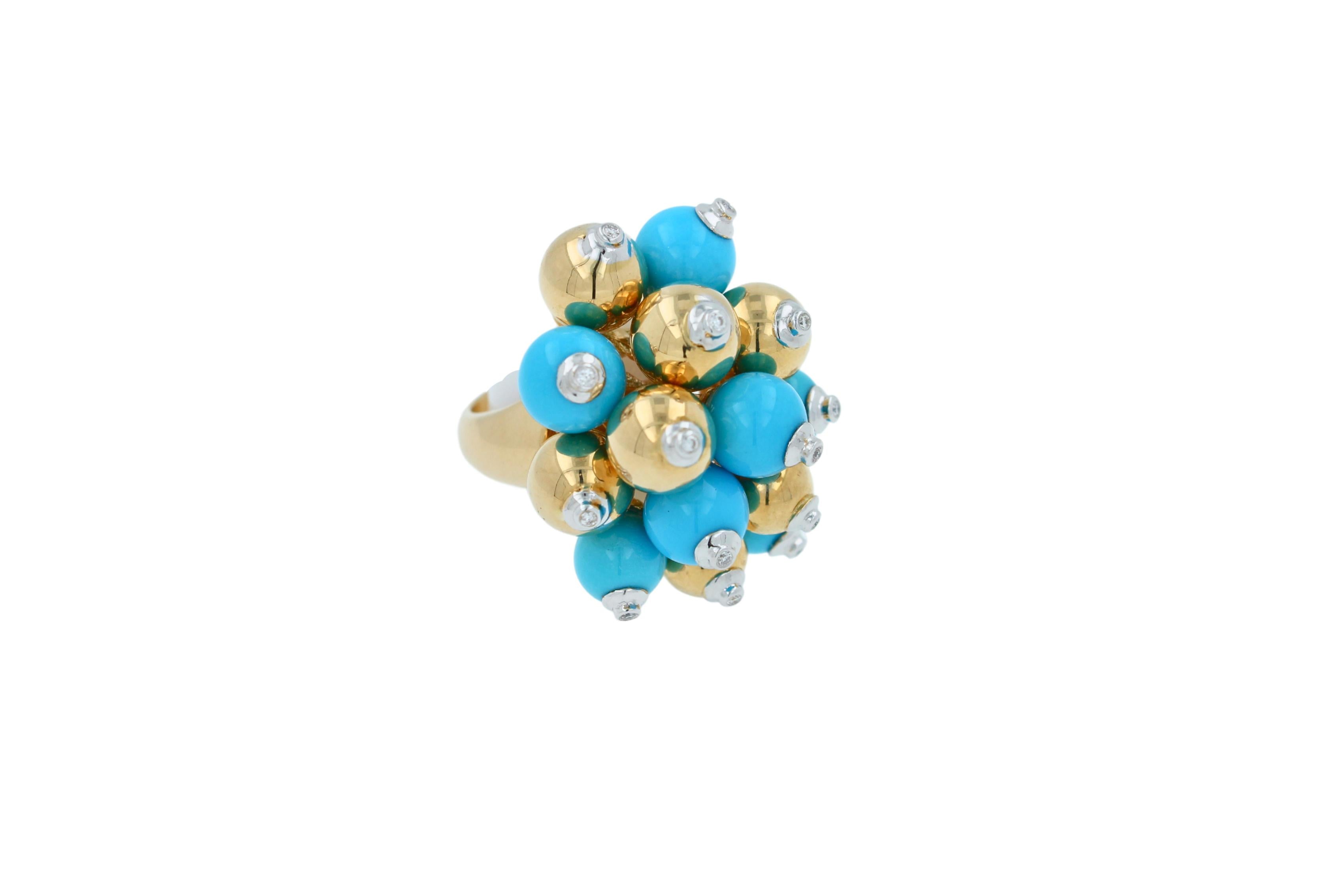 Blue Turquoise Diamonds Golden Spheres Balls Christmas Bells Motif 18K Gold Ring