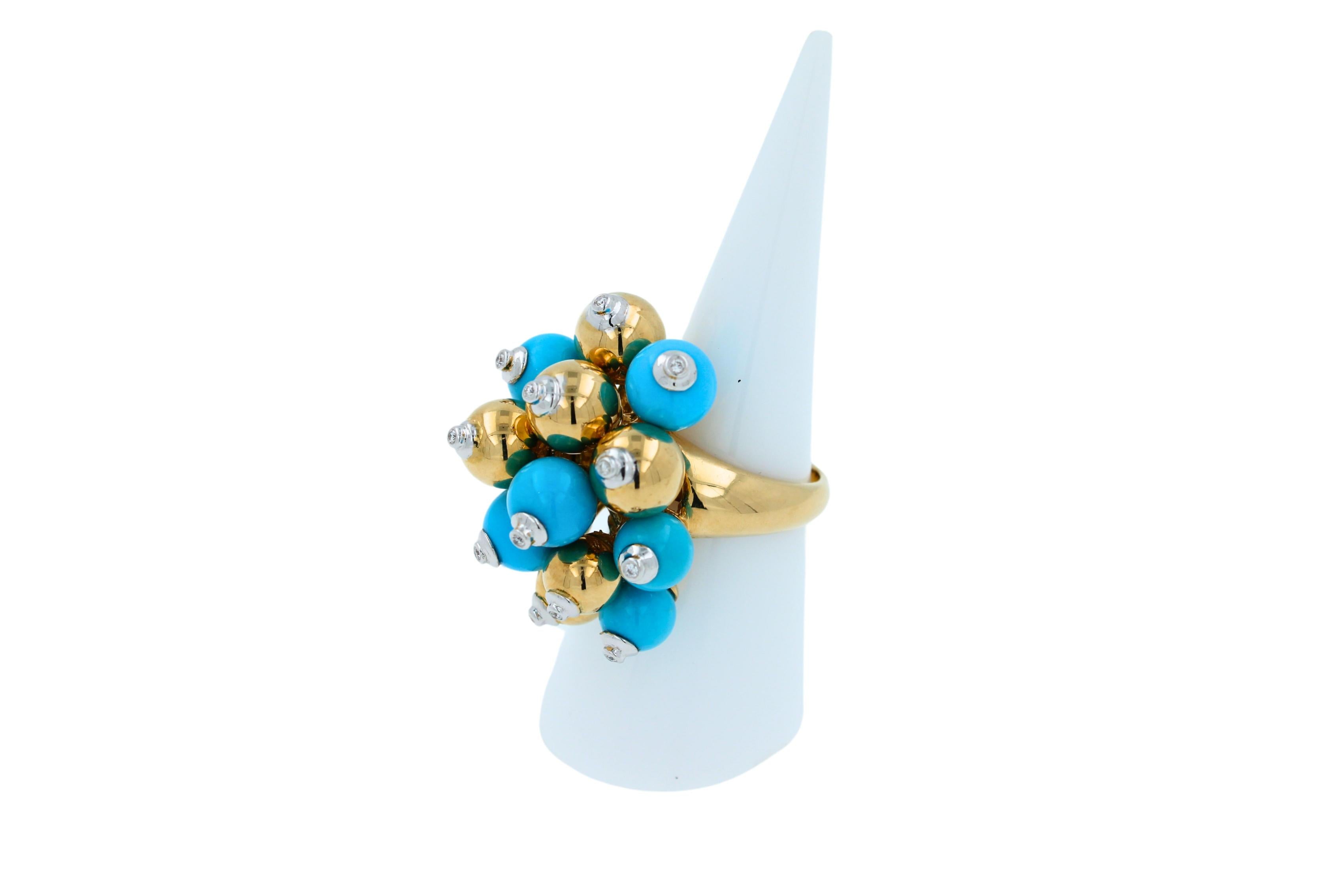 Blue Turquoise Diamonds Golden Spheres Balls Christmas Bells Motif 18K Gold Ring