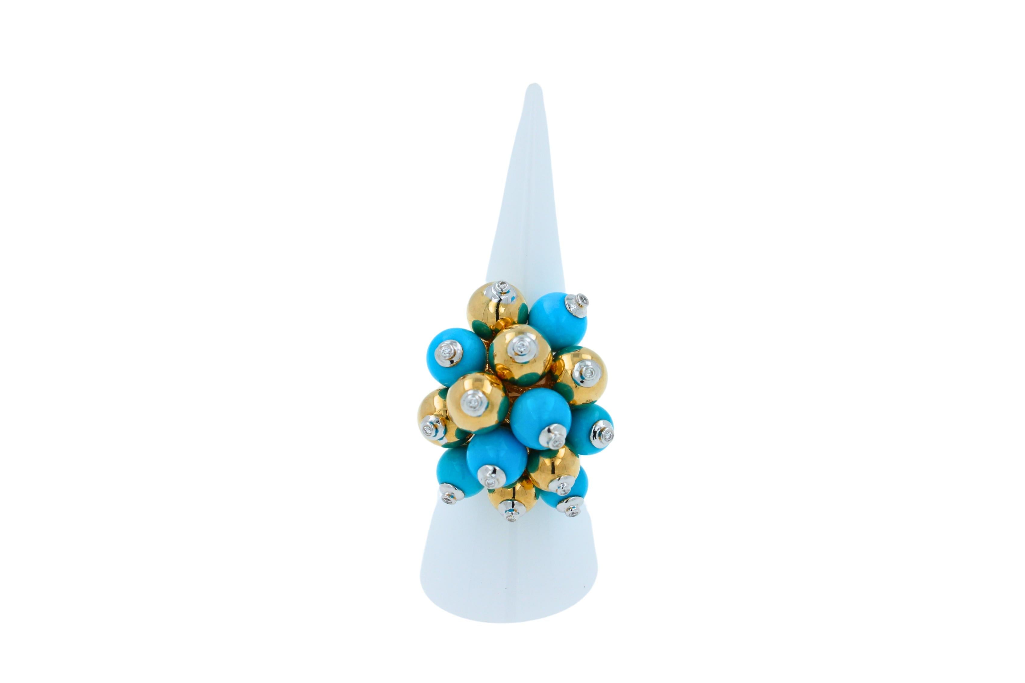 Blue Turquoise Diamonds Golden Spheres Balls Christmas Bells Motif 18K Gold Ring