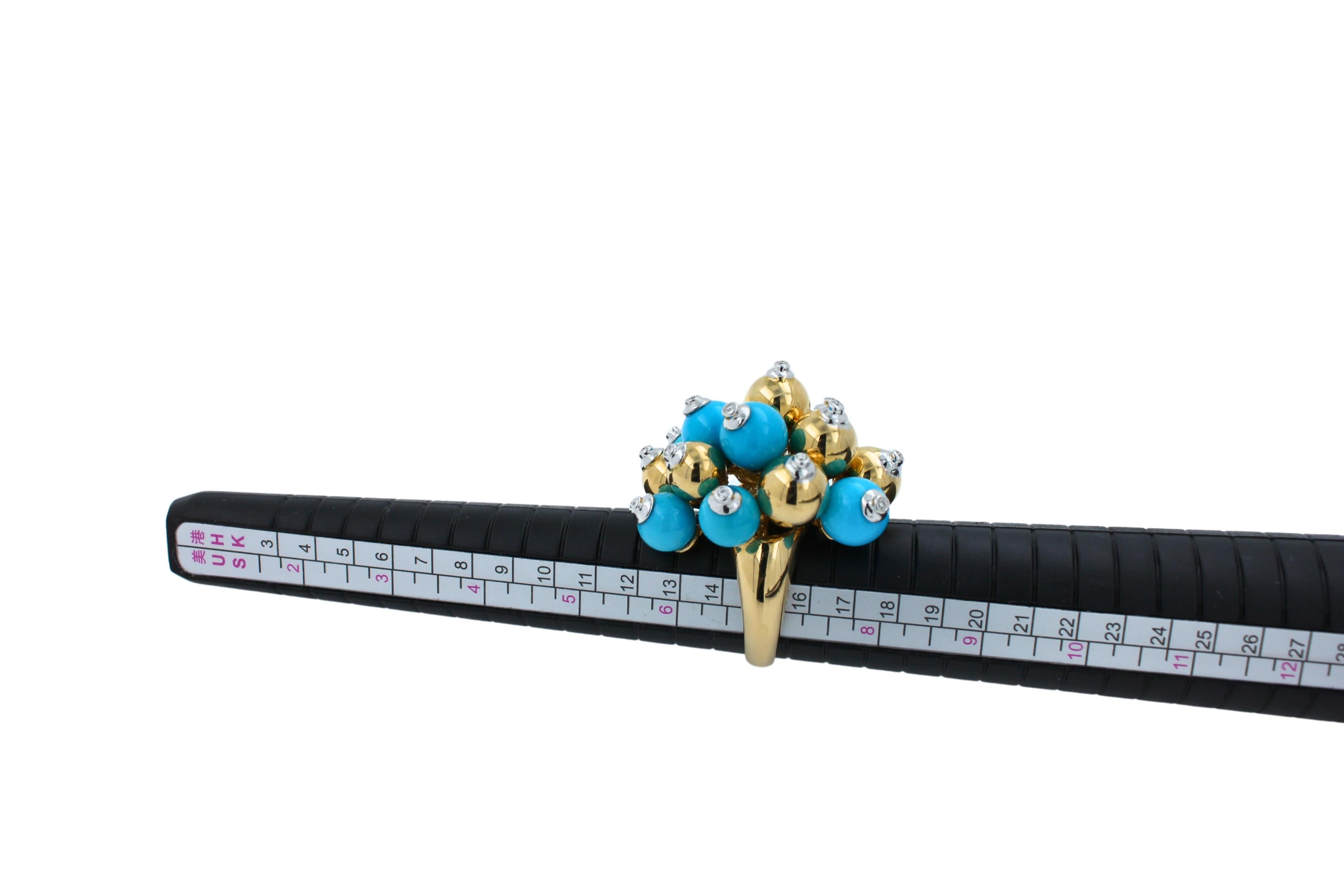 Blue Turquoise Diamonds Golden Spheres Balls Christmas Bells Motif 18K Gold Ring