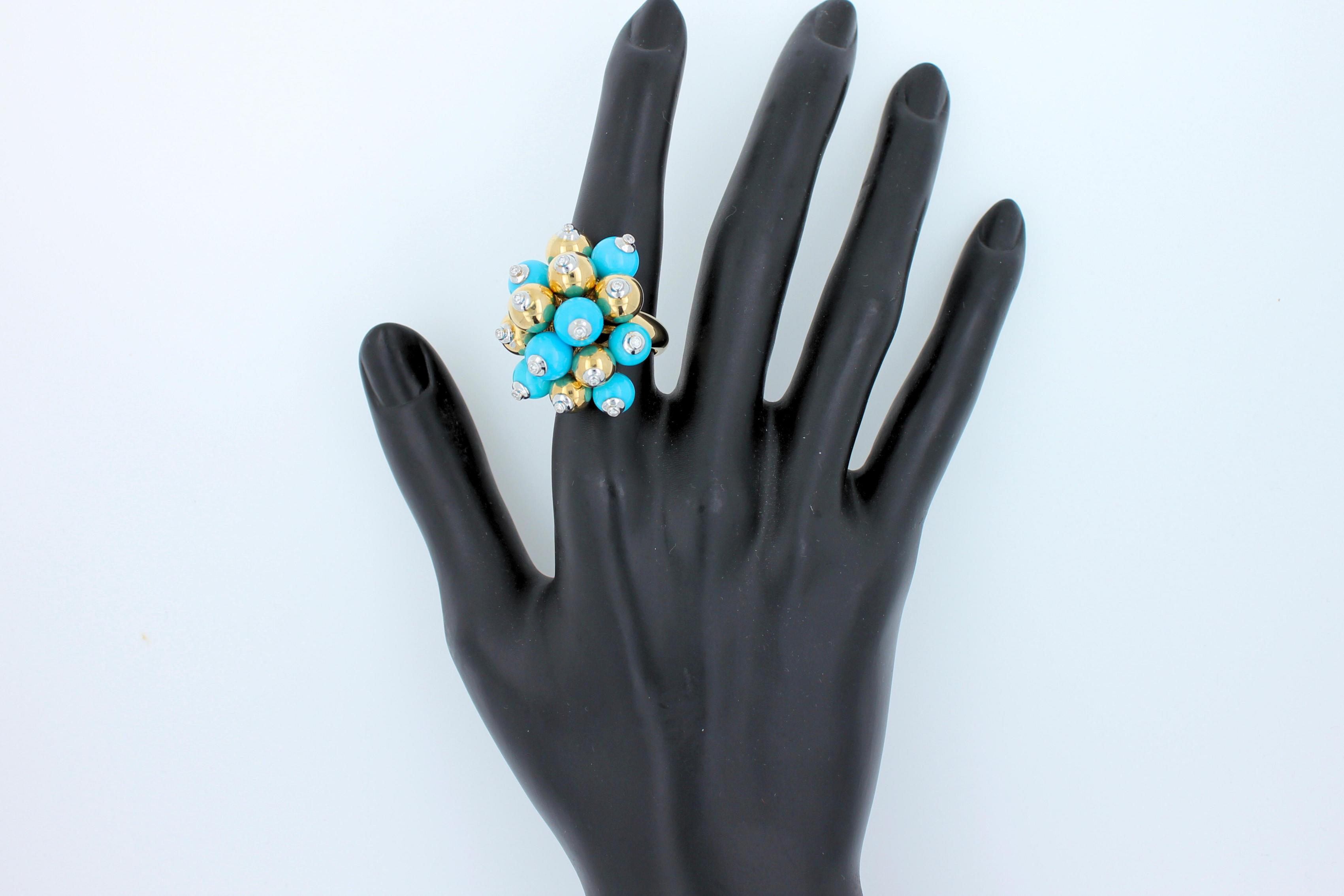 Blue Turquoise Diamonds Golden Spheres Balls Christmas Bells Motif 18K Gold Ring