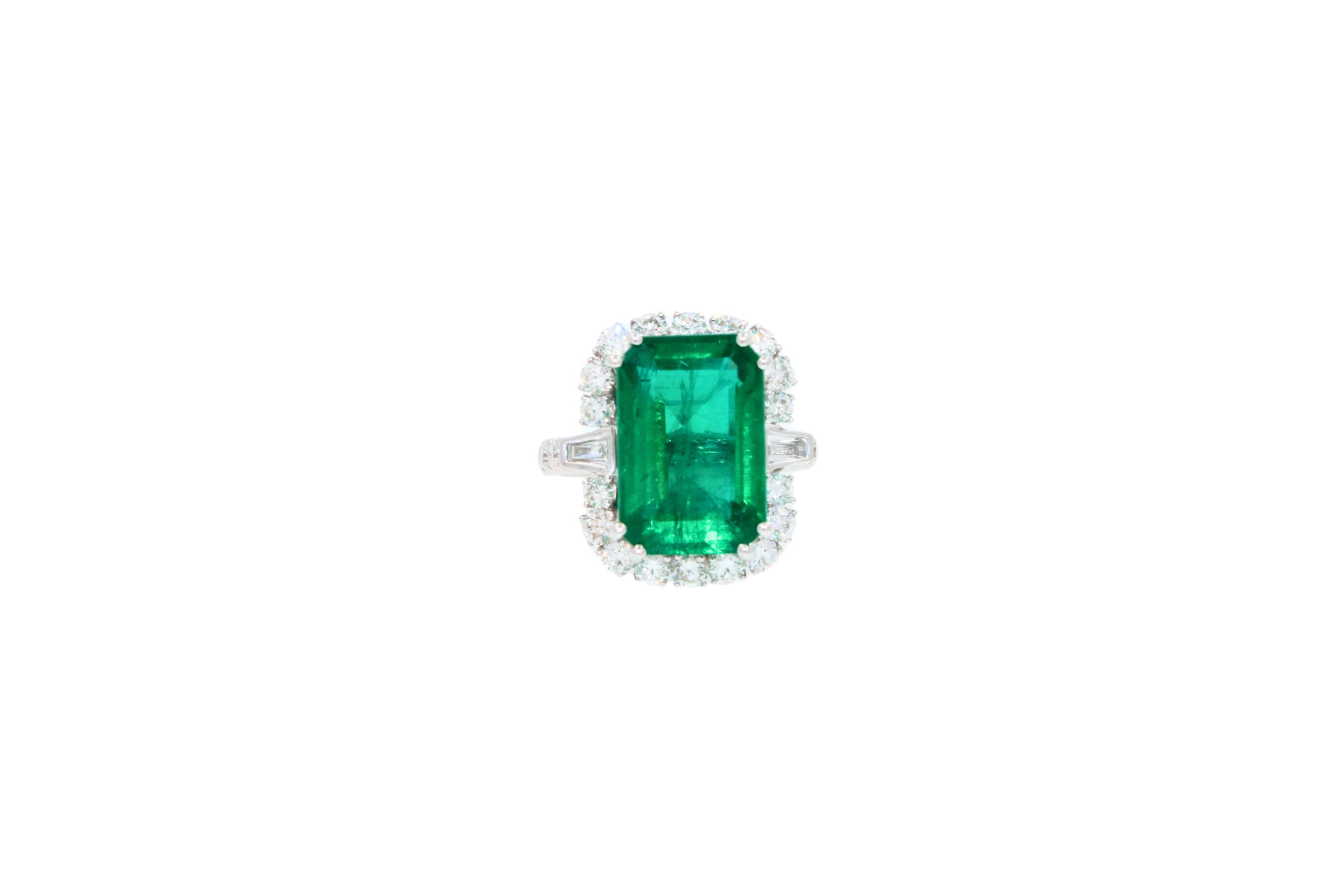 Green Emerald Octagon Cut Rectangle Diamond Halo Baguette 18K White Gold Ring