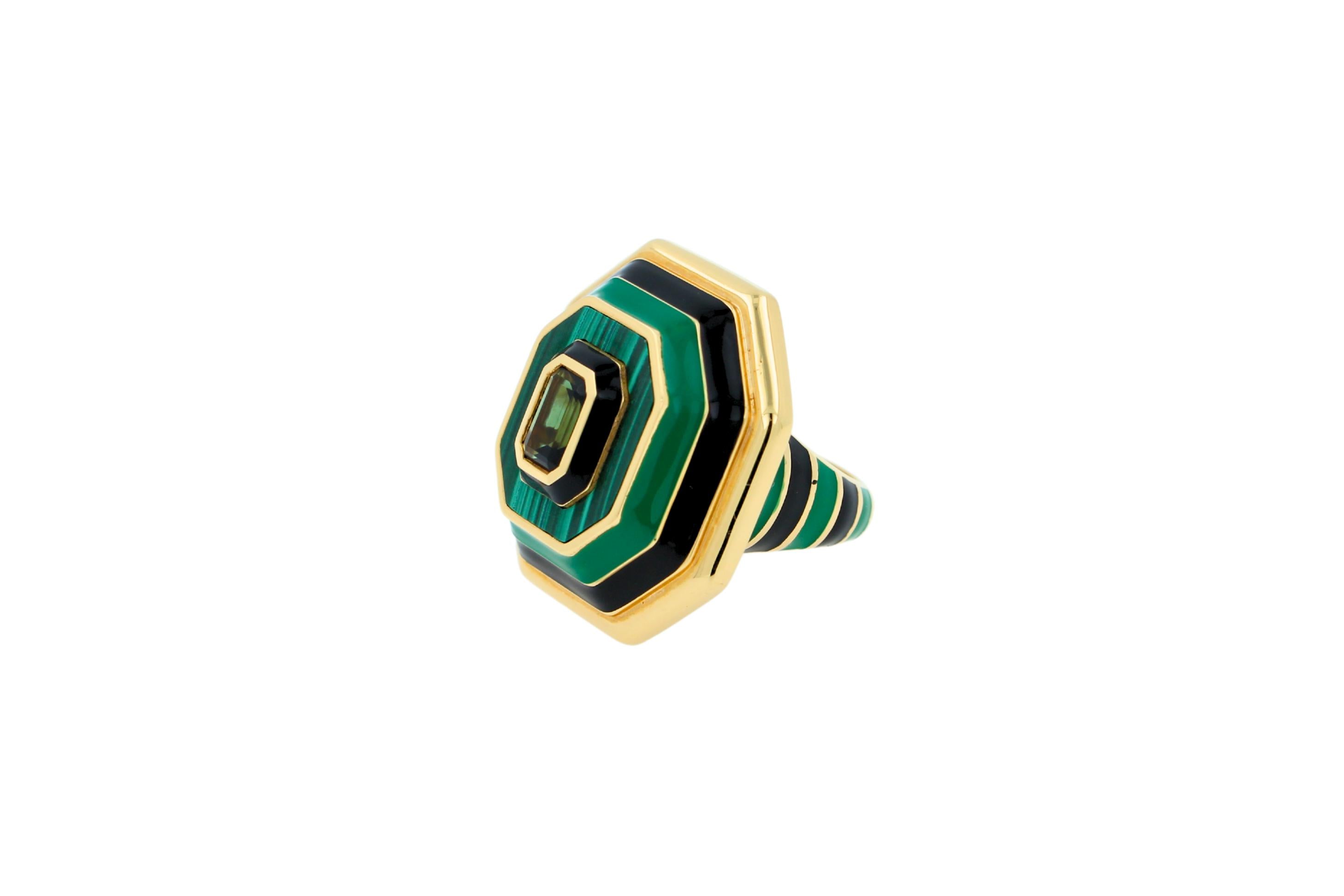 Green Tourmaline Malachite Green Black Enamel 18K Yellow Gold Enamel Unique Ring