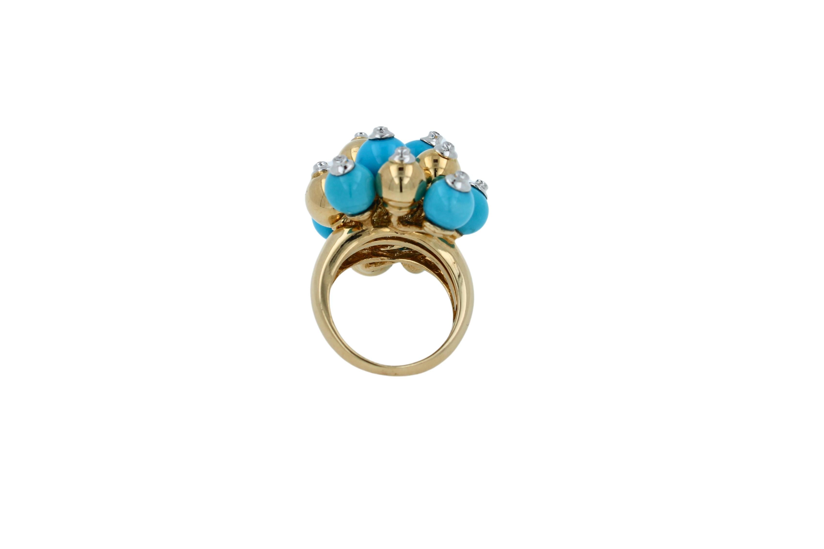 Blue Turquoise Diamonds Golden Spheres Balls Christmas Bells Motif 18K Gold Ring