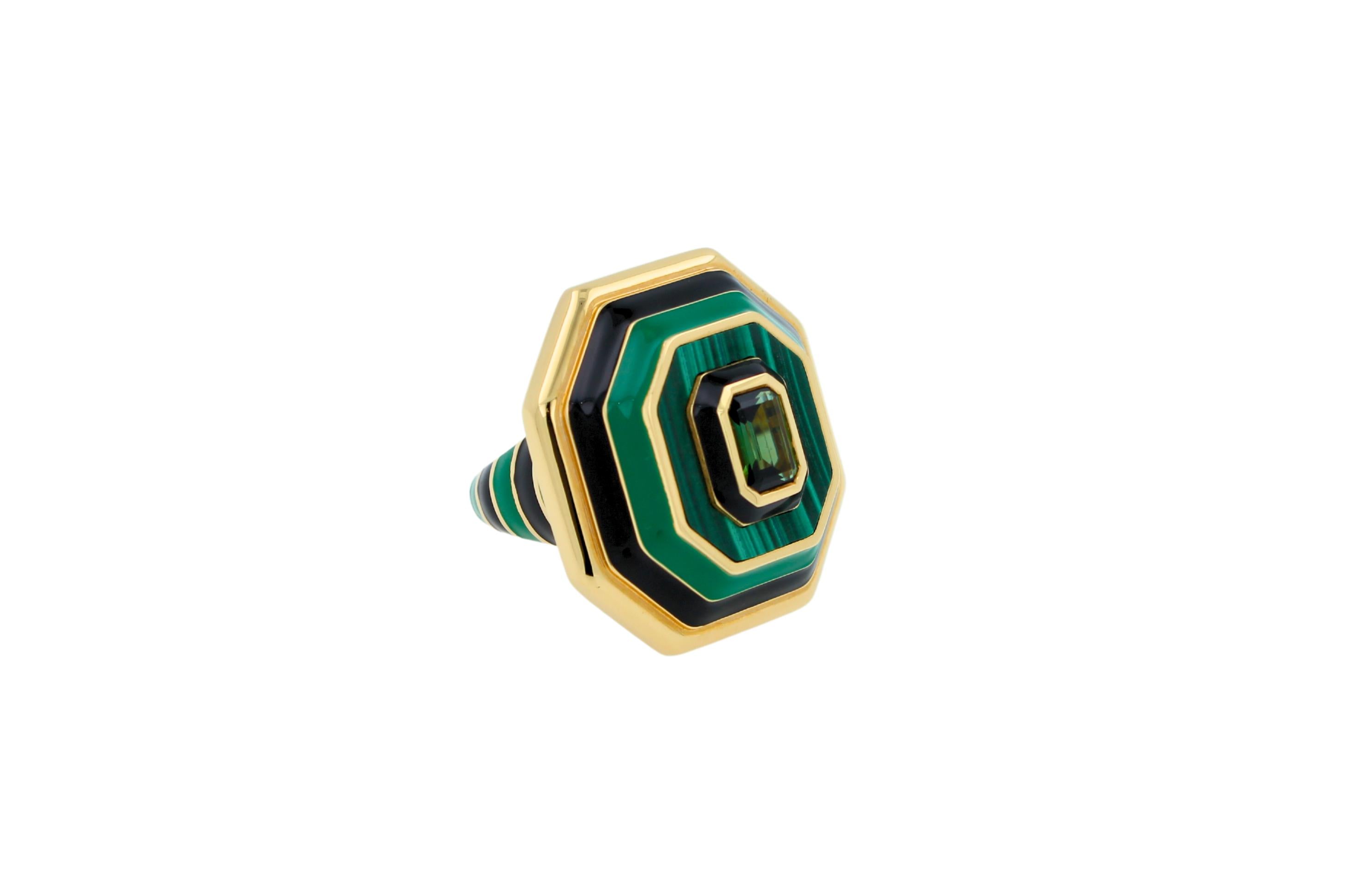 Green Tourmaline Malachite Green Black Enamel 18K Yellow Gold Enamel Unique Ring