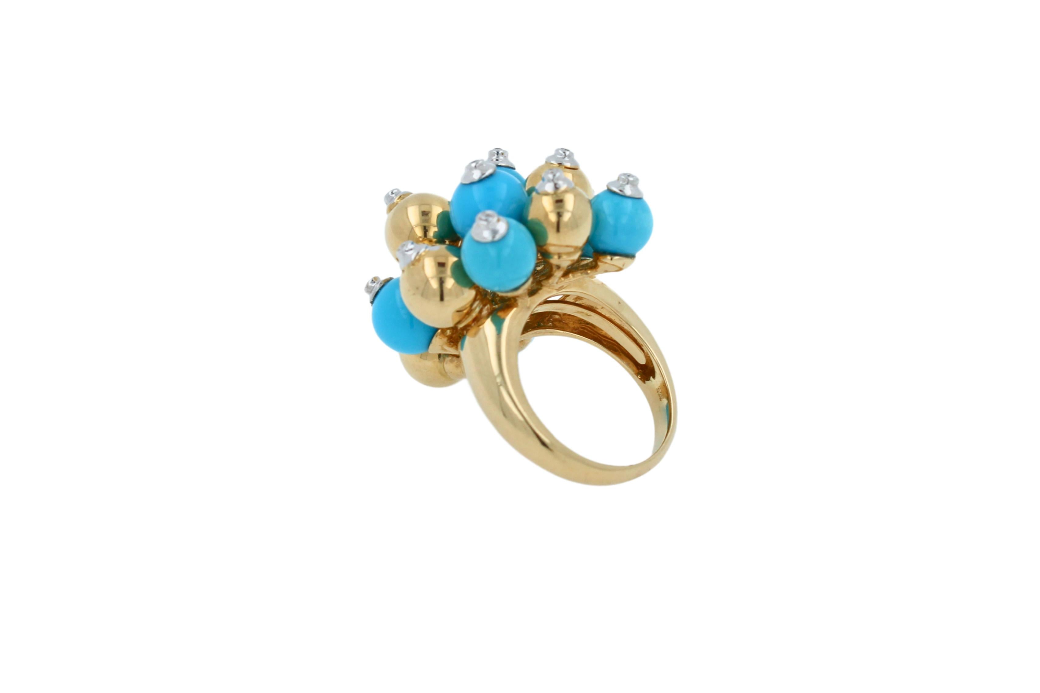Blue Turquoise Diamonds Golden Spheres Balls Christmas Bells Motif 18K Gold Ring