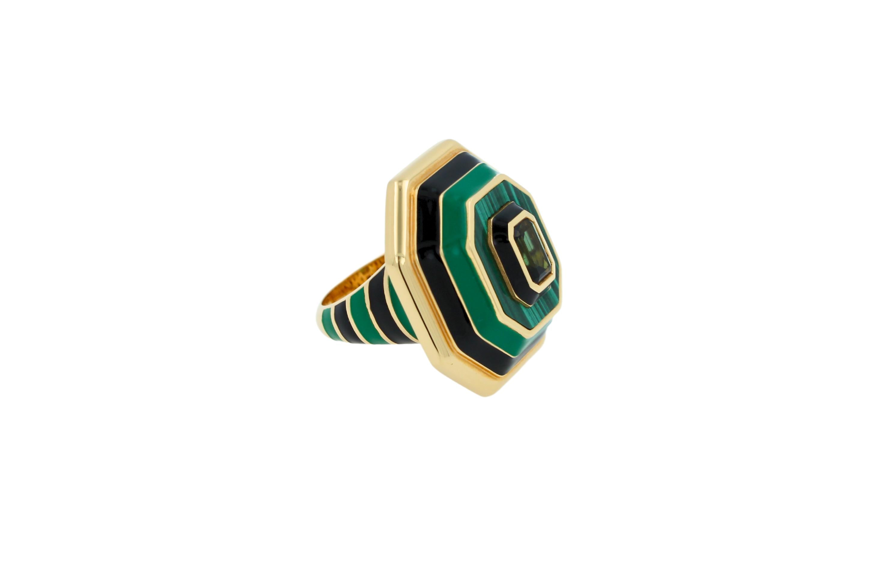 Green Tourmaline Malachite Green Black Enamel 18K Yellow Gold Enamel Unique Ring