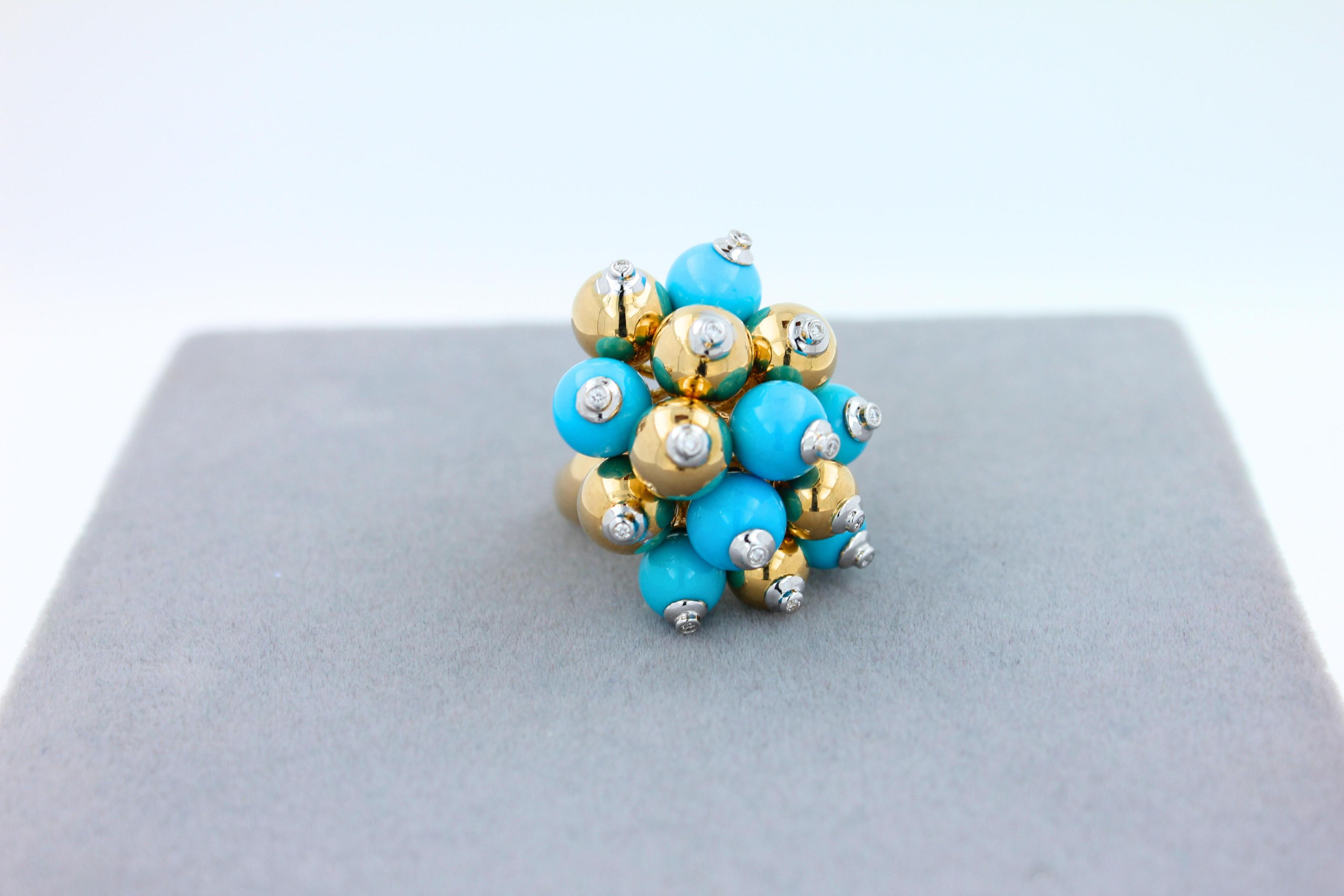 Blue Turquoise Diamonds Golden Spheres Balls Christmas Bells Motif 18K Gold Ring