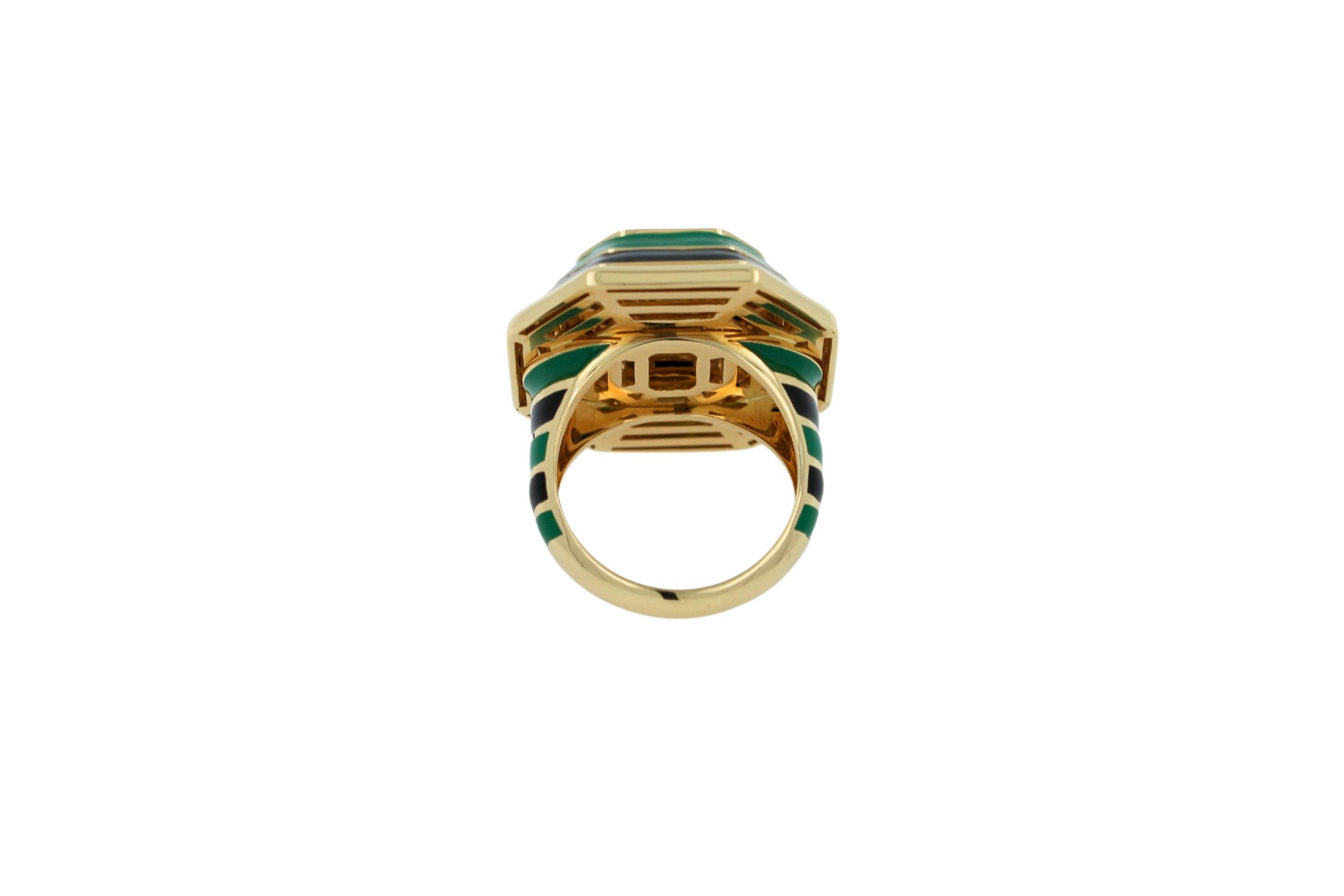 Green Tourmaline Malachite Green Black Enamel 18K Yellow Gold Enamel Unique Ring