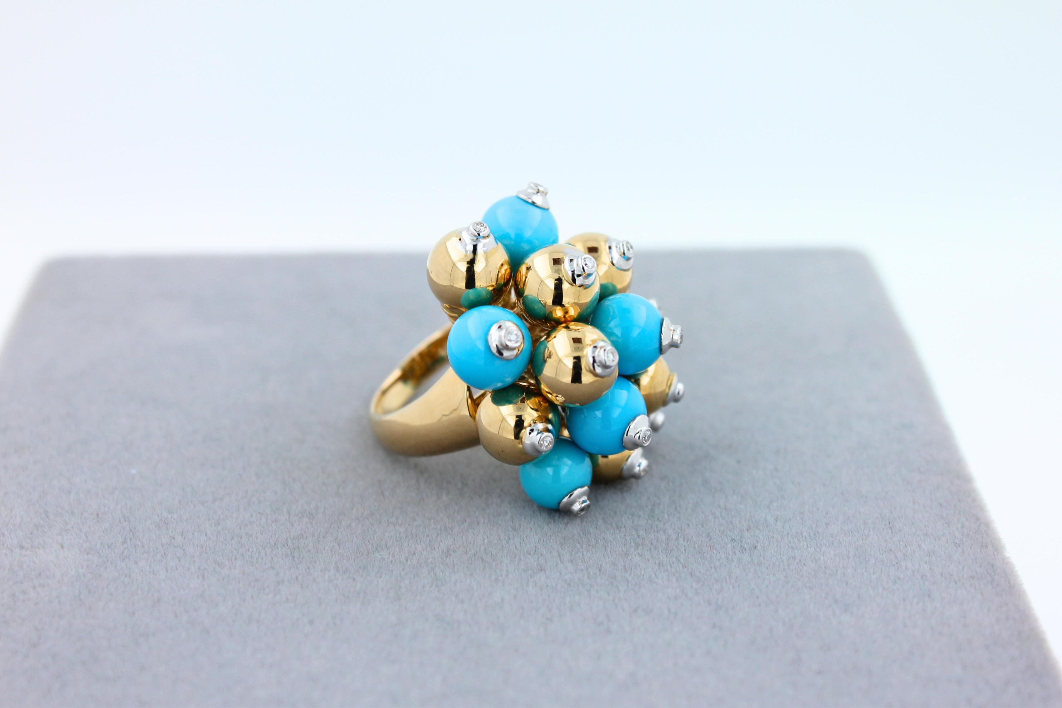 Blue Turquoise Diamonds Golden Spheres Balls Christmas Bells Motif 18K Gold Ring