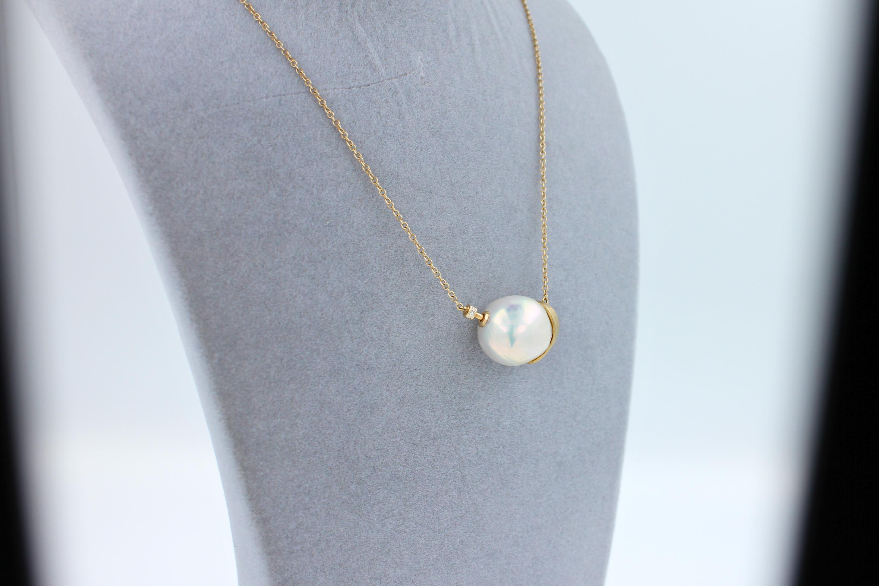 White South Sea Pearl Diamond 18K Gold Satin Brushed Gold Pendant Necklace