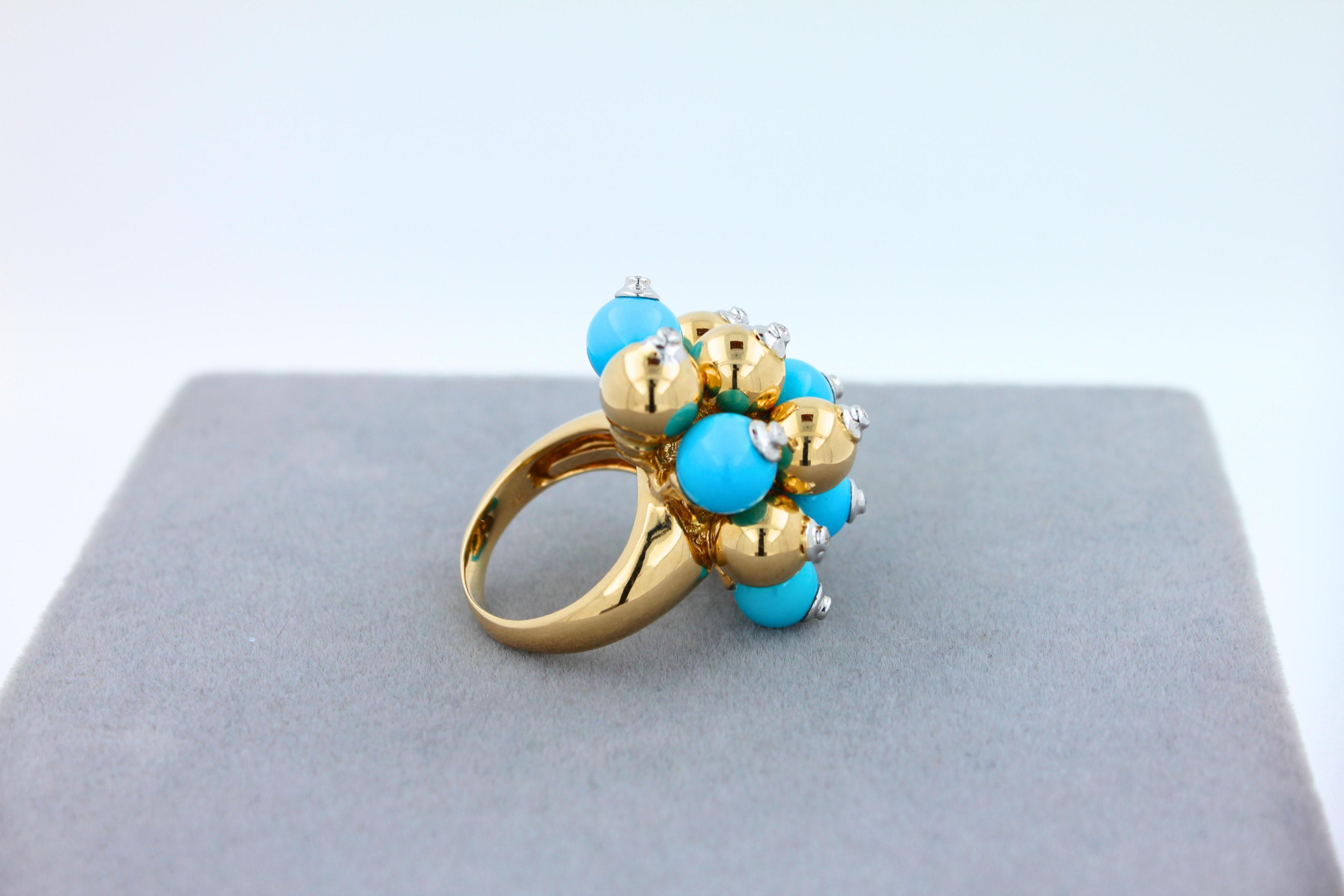 Blue Turquoise Diamonds Golden Spheres Balls Christmas Bells Motif 18K Gold Ring