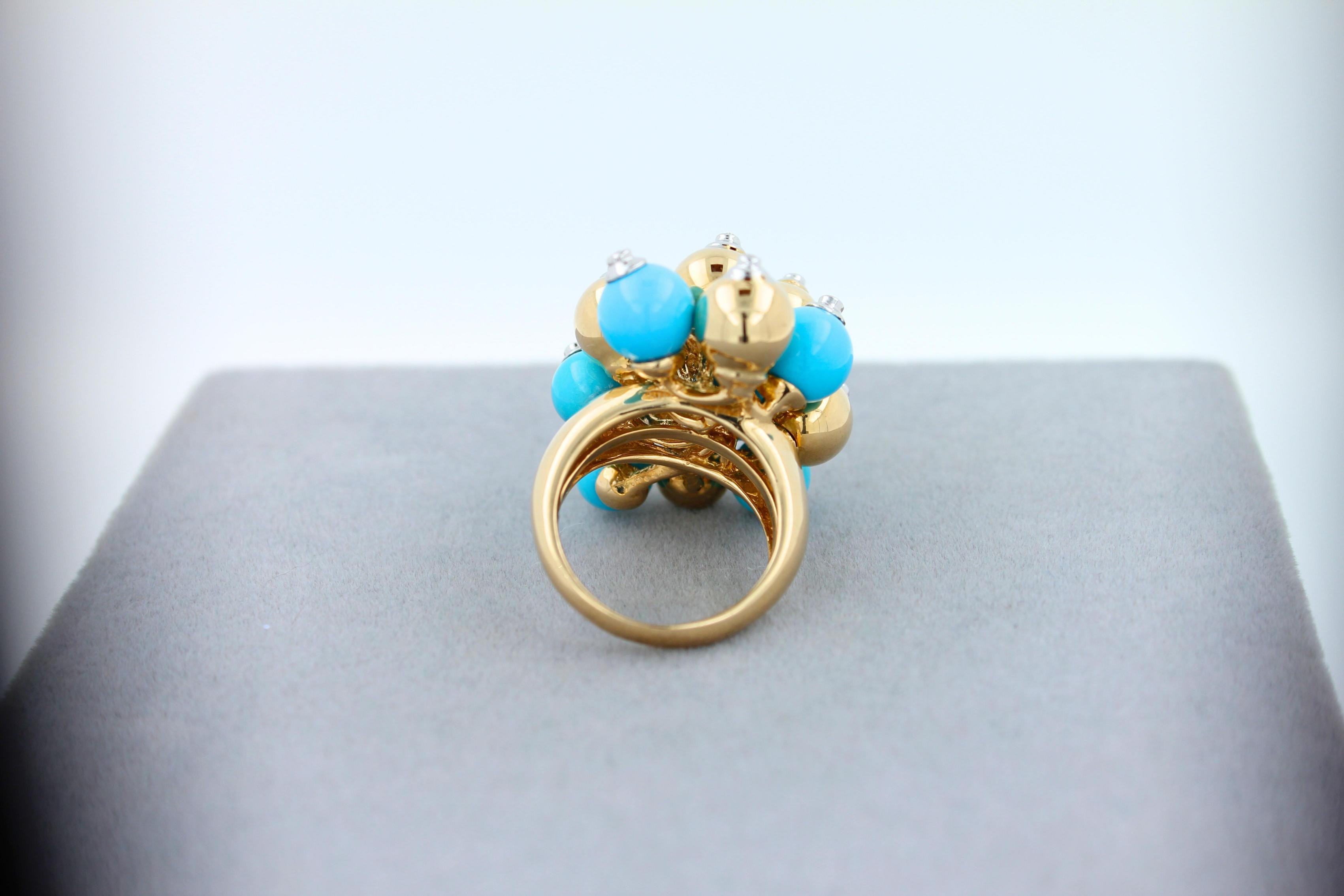 Blue Turquoise Diamonds Golden Spheres Balls Christmas Bells Motif 18K Gold Ring