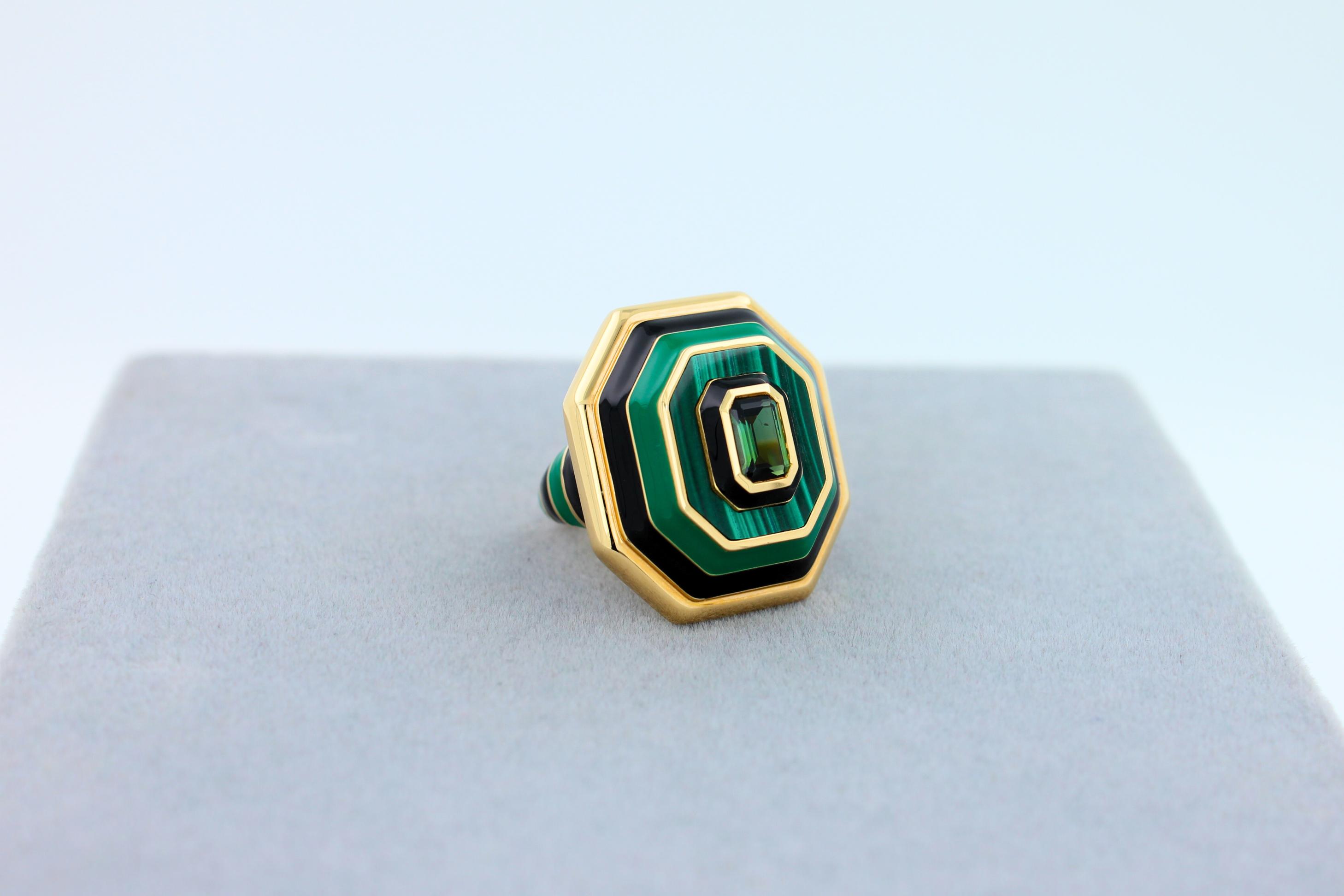 Green Tourmaline Malachite Green Black Enamel 18K Yellow Gold Enamel Unique Ring