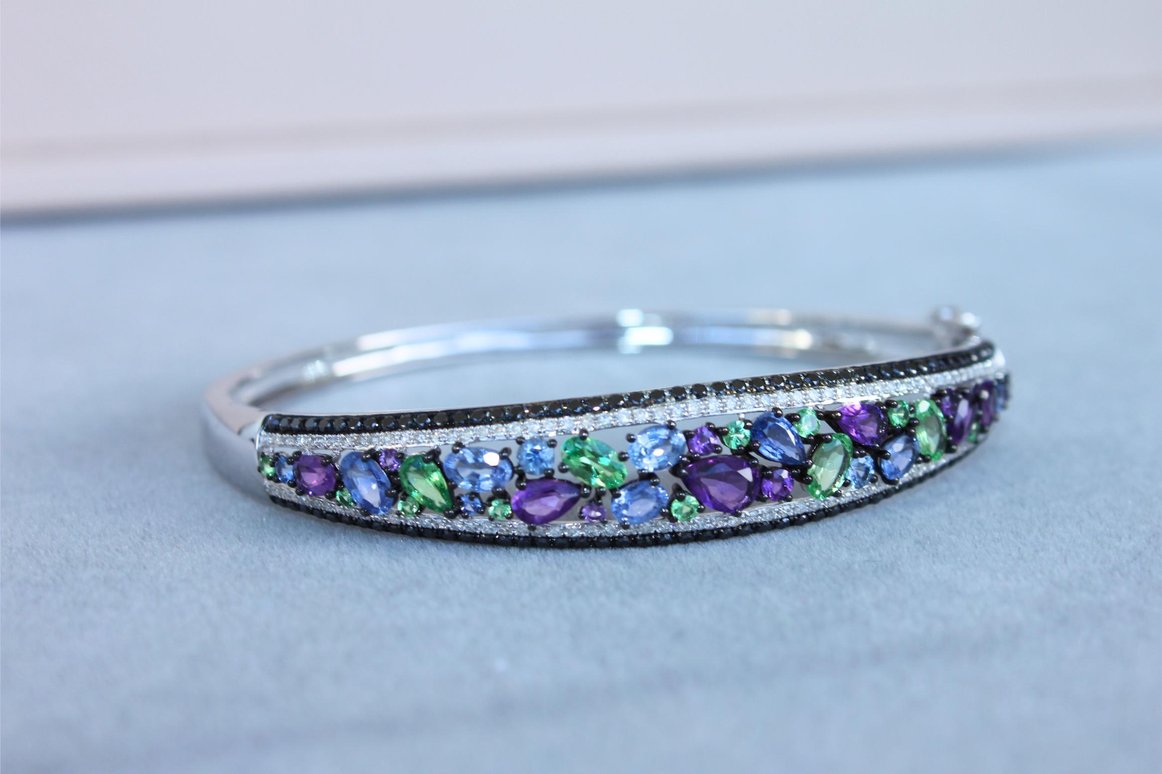 Diamonds Multi Fancy Shape Multi Color Gemstones 14K White Gold Bangle Bracelet