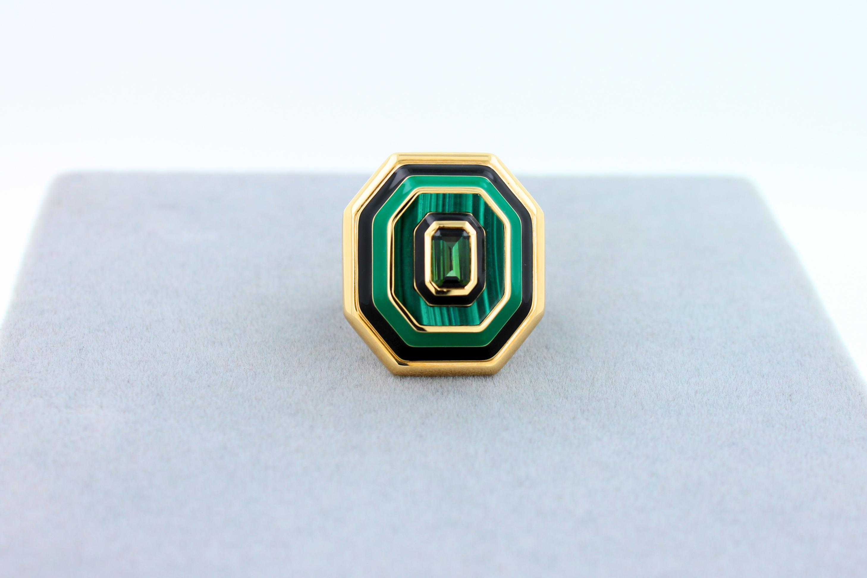 Green Tourmaline Malachite Green Black Enamel 18K Yellow Gold Enamel Unique Ring