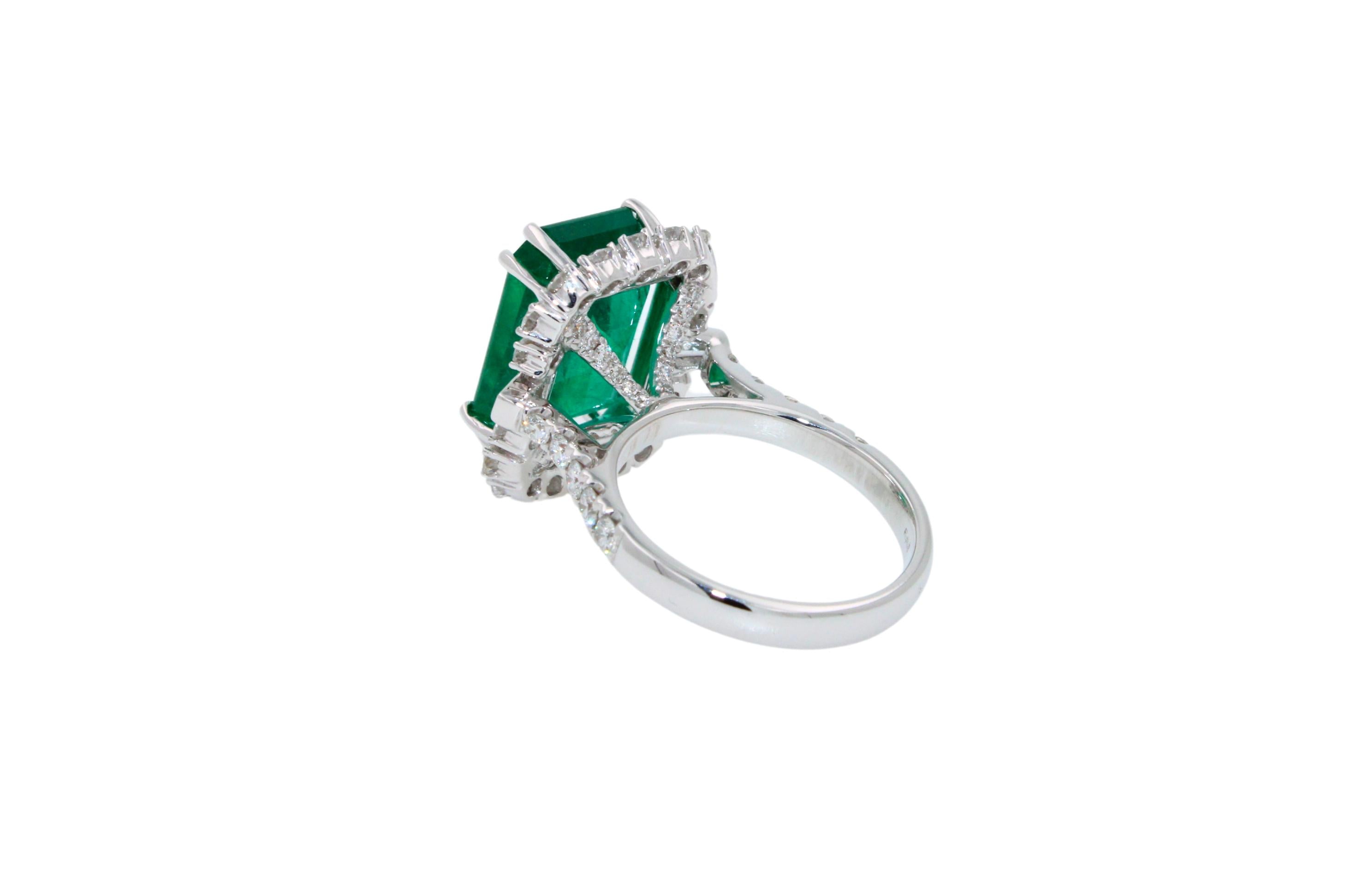 Green Emerald Octagon Cut Rectangle Diamond Halo Baguette 18K White Gold Ring