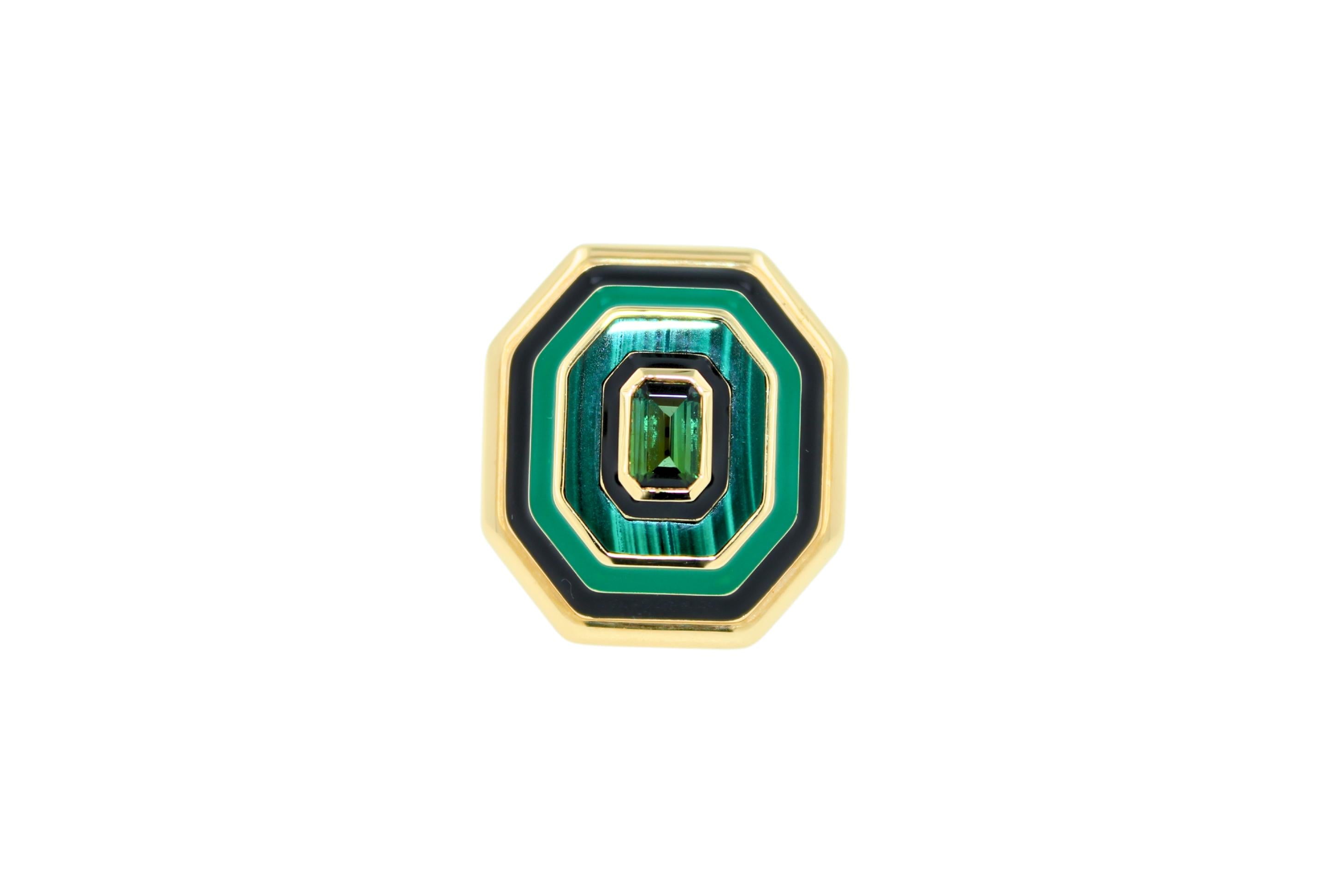 Green Tourmaline Malachite Green Black Enamel 18K Yellow Gold Enamel Unique Ring