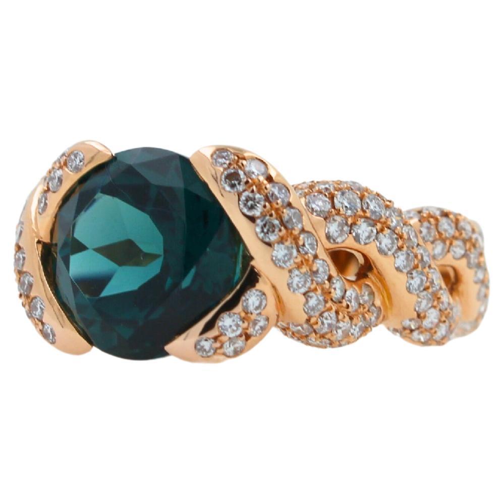 Cushion Dark Blue Indicolite Tourmaline Diamond Spiral Pave 18K Rose Gold Ring