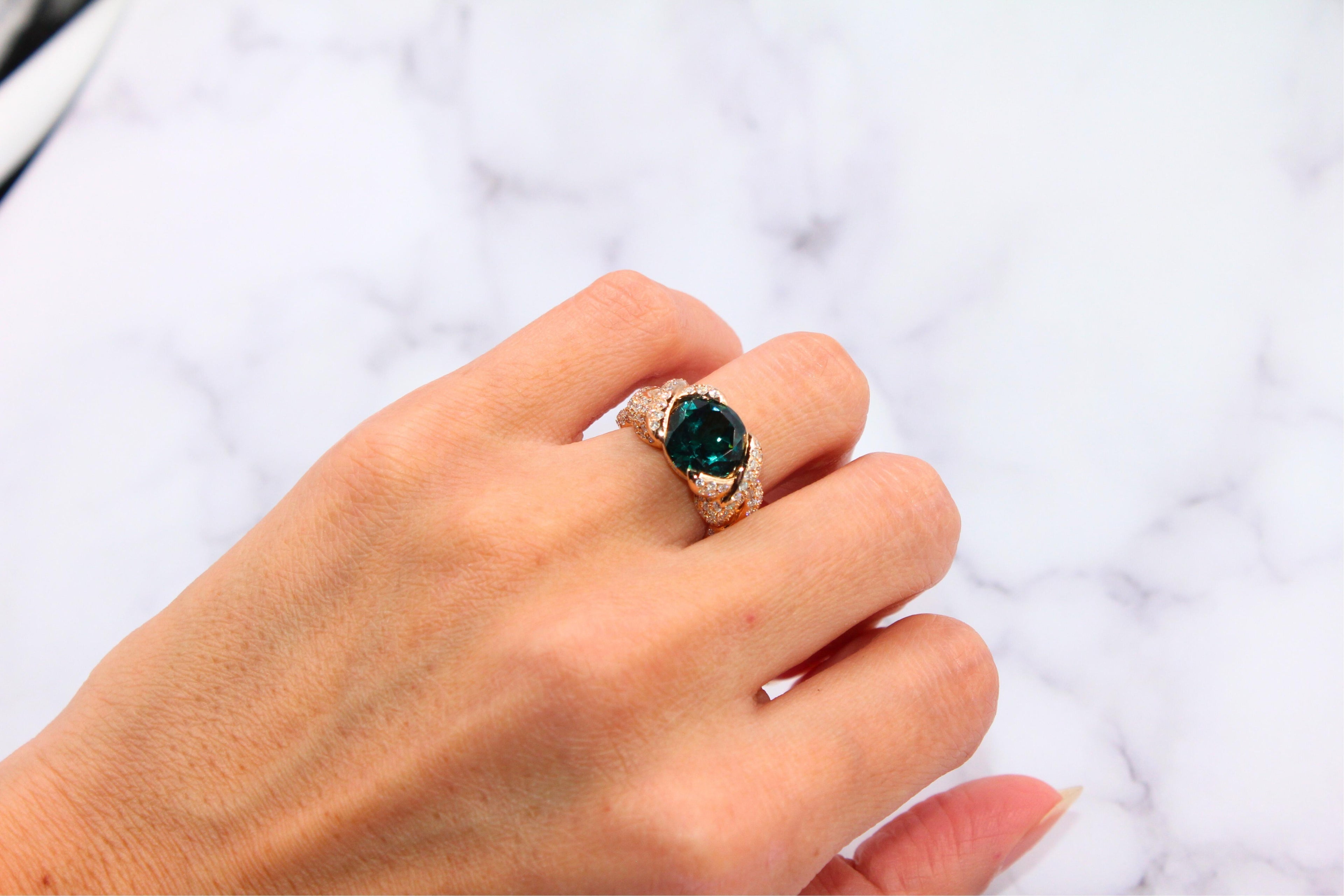 Cushion Dark Blue Indicolite Tourmaline Diamond Spiral Pave 18K Rose Gold Ring