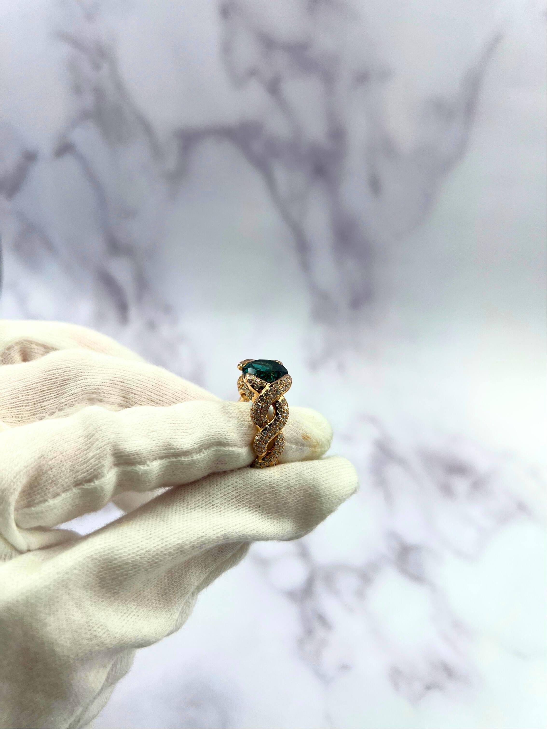 Cushion Dark Blue Indicolite Tourmaline Diamond Spiral Pave 18K Rose Gold Ring