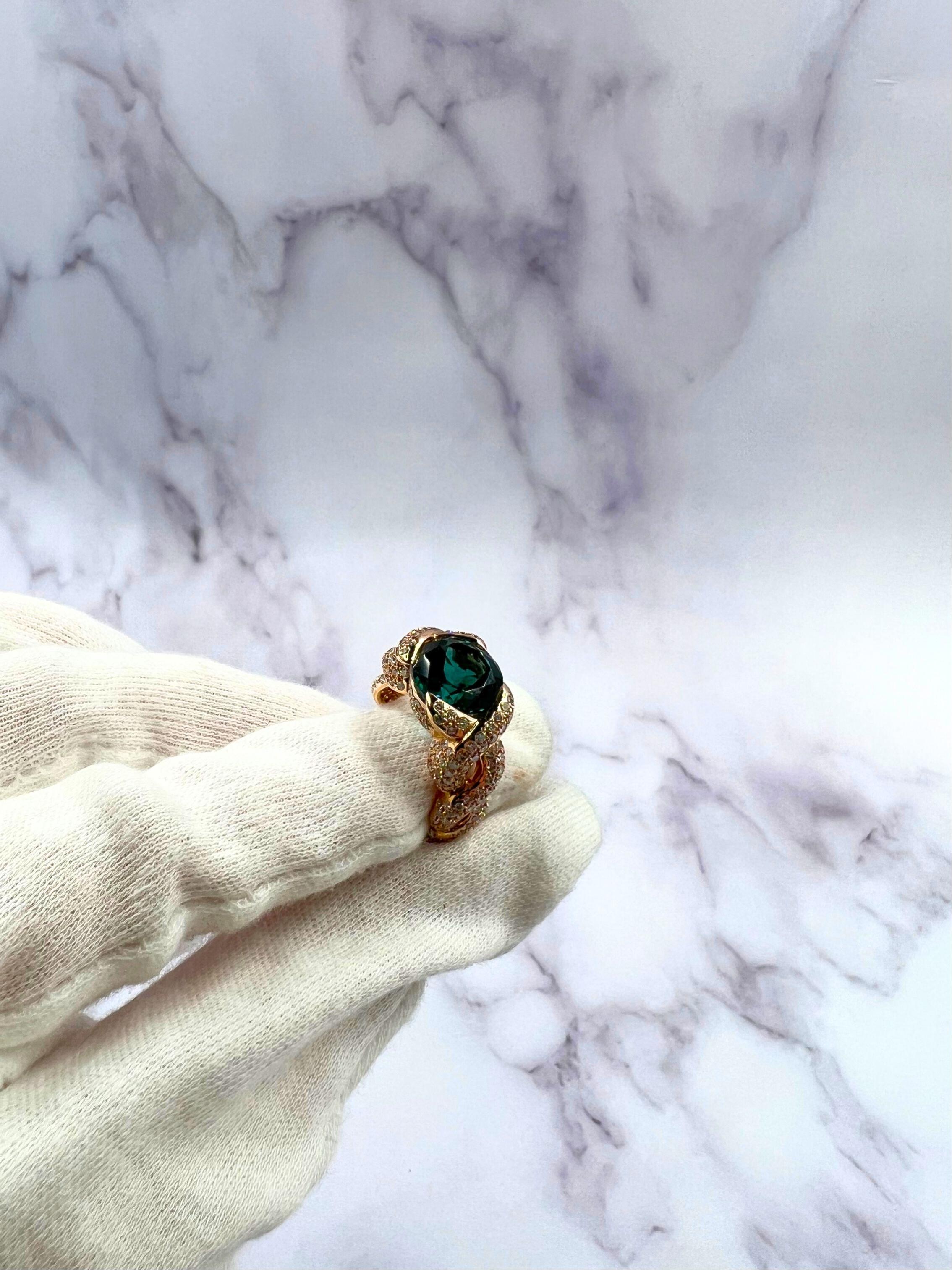 Cushion Dark Blue Indicolite Tourmaline Diamond Spiral Pave 18K Rose Gold Ring