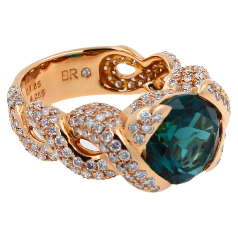 Cushion Dark Blue Indicolite Tourmaline Diamond Spiral Pave 18K Rose Gold Ring