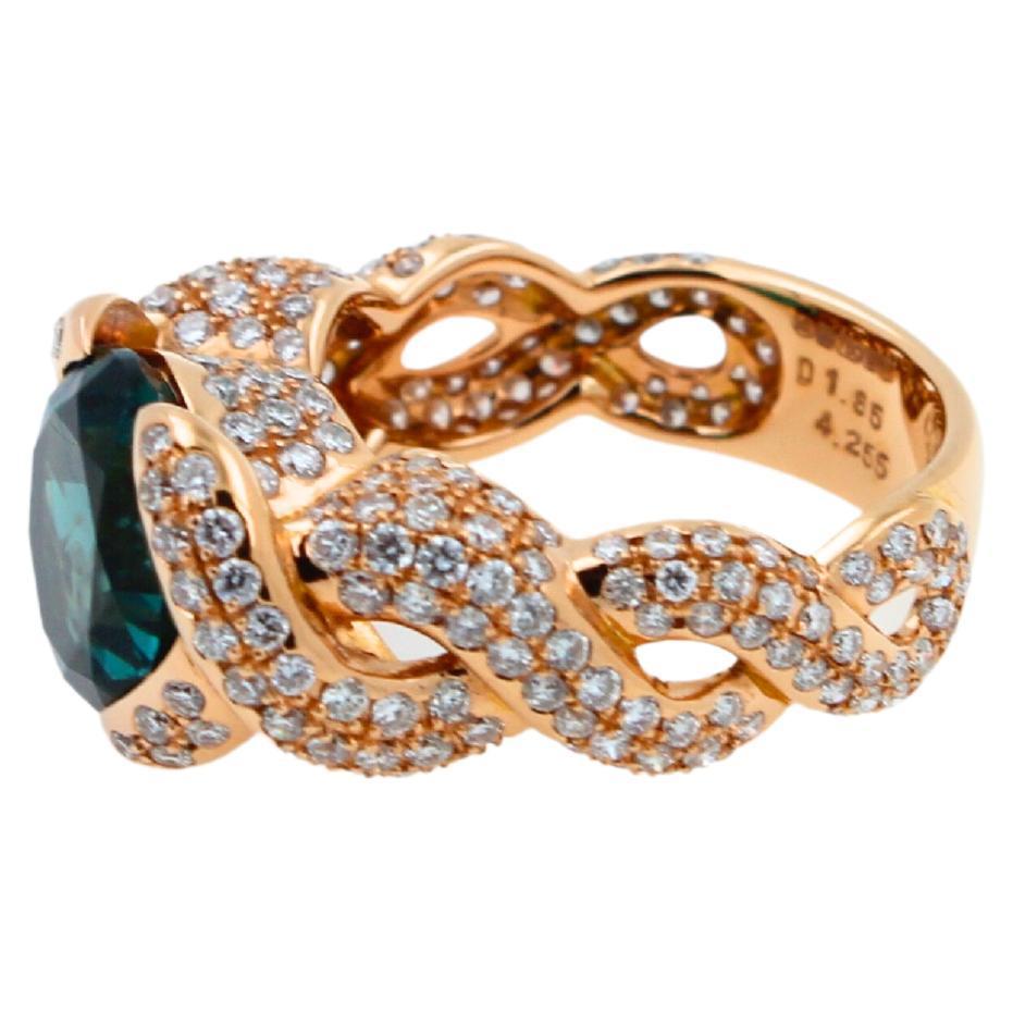 Cushion Dark Blue Indicolite Tourmaline Diamond Spiral Pave 18K Rose Gold Ring