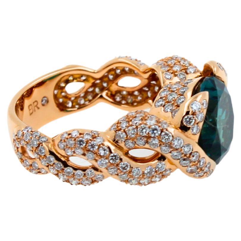 Cushion Dark Blue Indicolite Tourmaline Diamond Spiral Pave 18K Rose Gold Ring