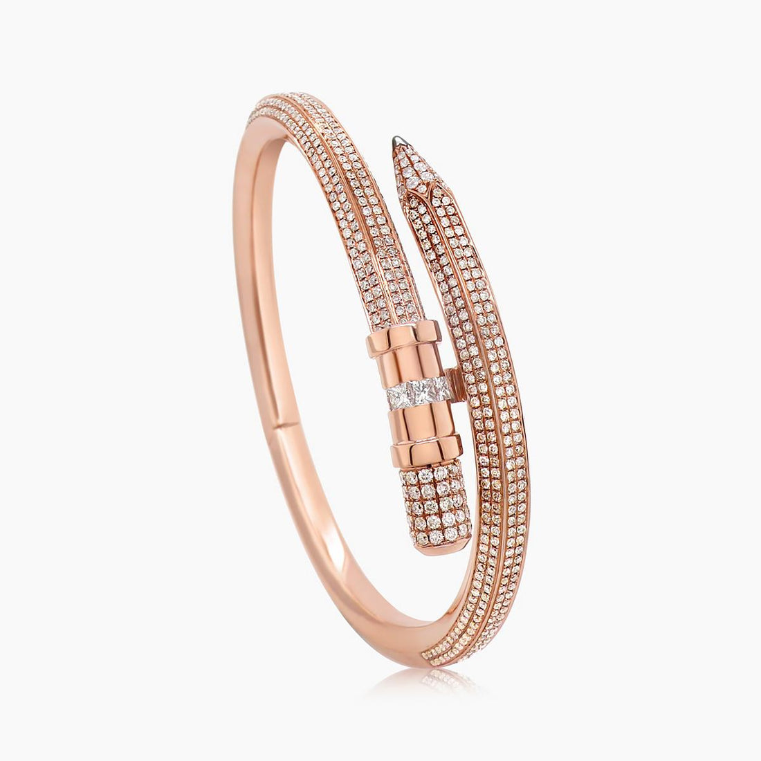 Pencil Square-Cut & White Diamond Pave Set 18K Rose Gold Bling Bangle Bracelet