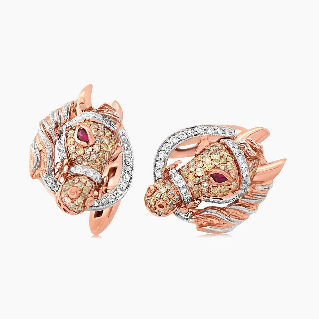 Horse Stallion Pony Diamond Pave & Ruby 18K Rose & White Gold Cufflinks