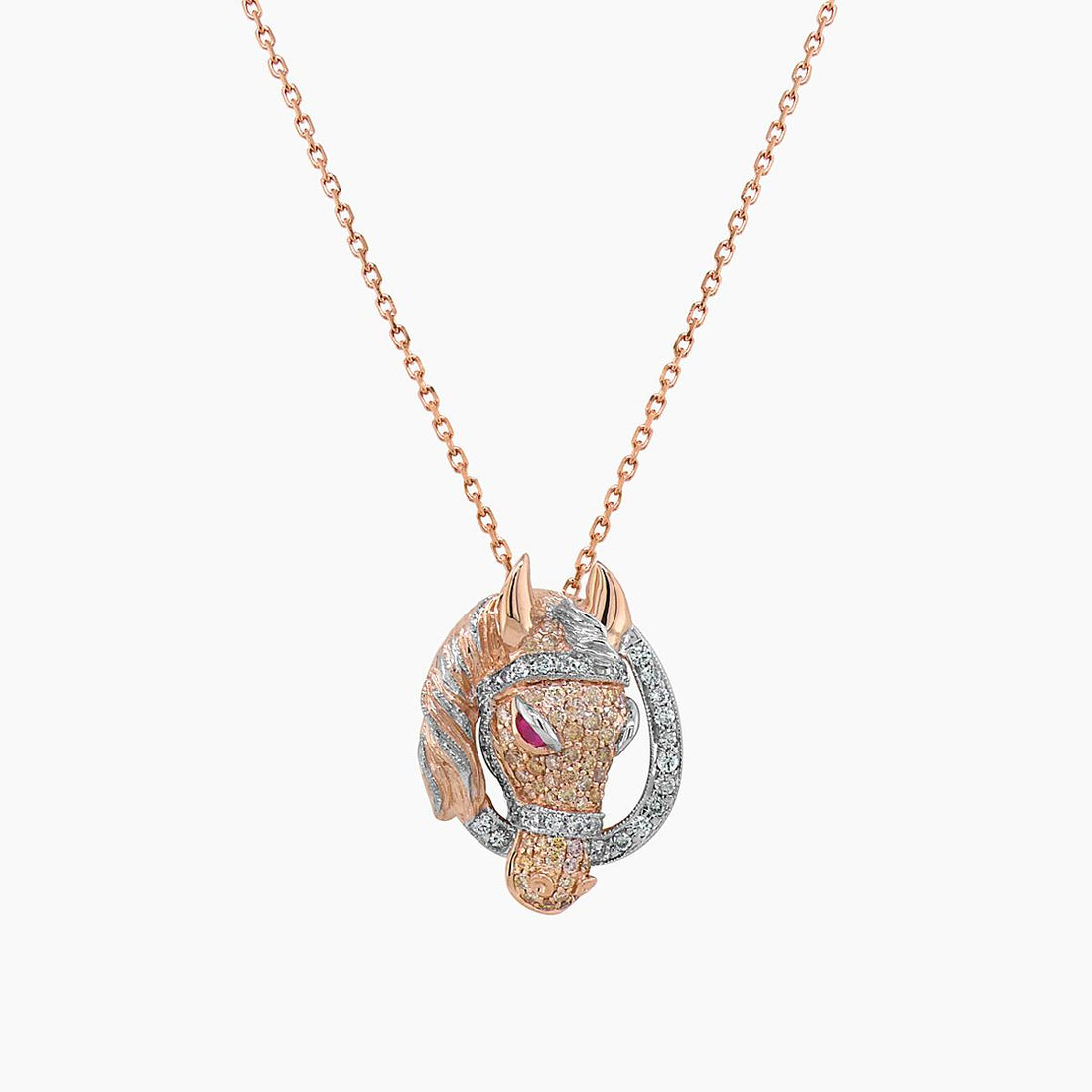Horse Stallion Pony Diamond Pave & Ruby 18K Rose & White Gold Pendant Necklace
