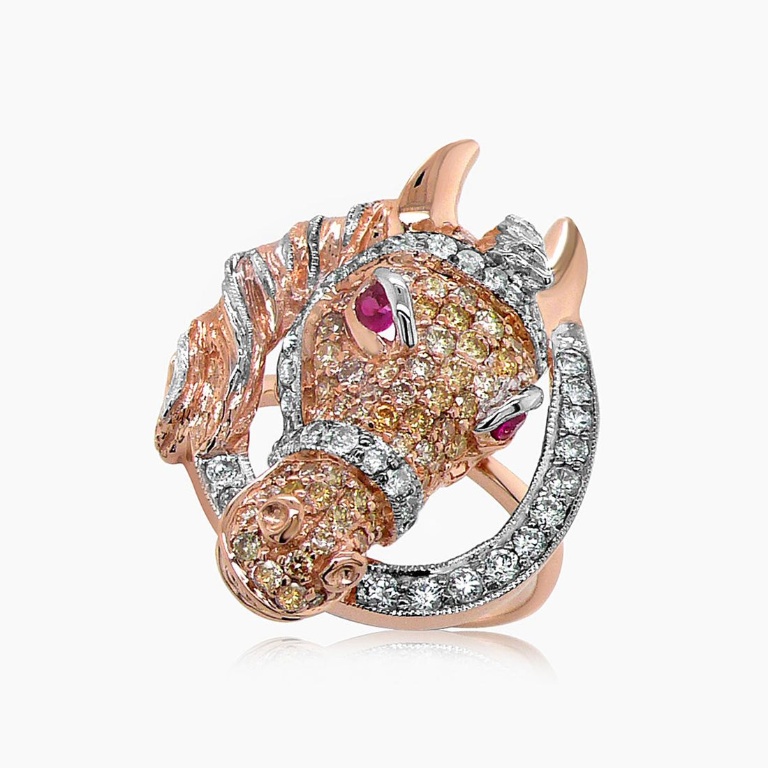 Horse Stallion Pony Diamond Pave & Ruby 18K Rose & White Gold Ring