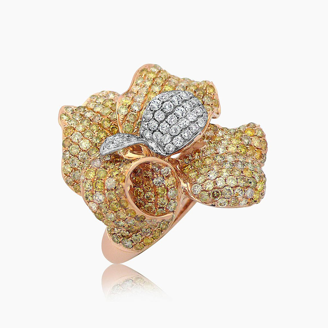 Yellow & White Diamond Pave Set Lilly Flower Floral 18K Rose White Gold Ring