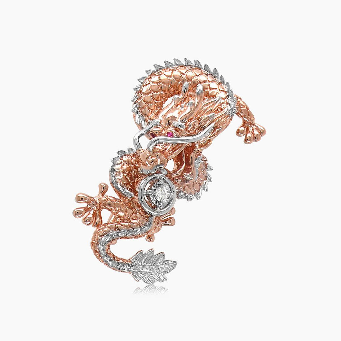 Fantasy Dragon Diamond Pave & Ruby 18K Rose & White Gold Animal Pin Brooch