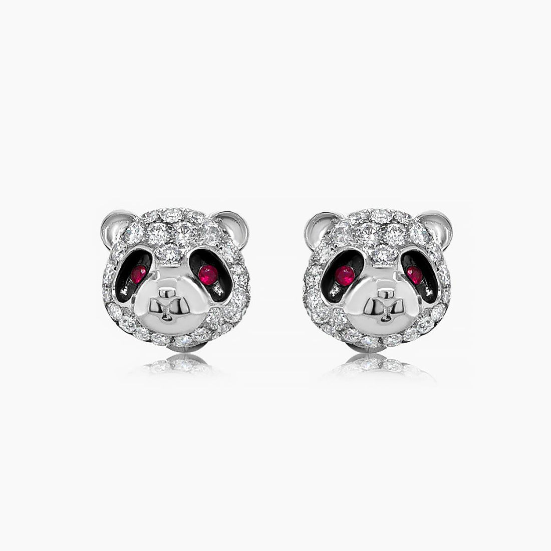 Panda Bear Diamond & Ruby 18K White Gold Animal Earrings