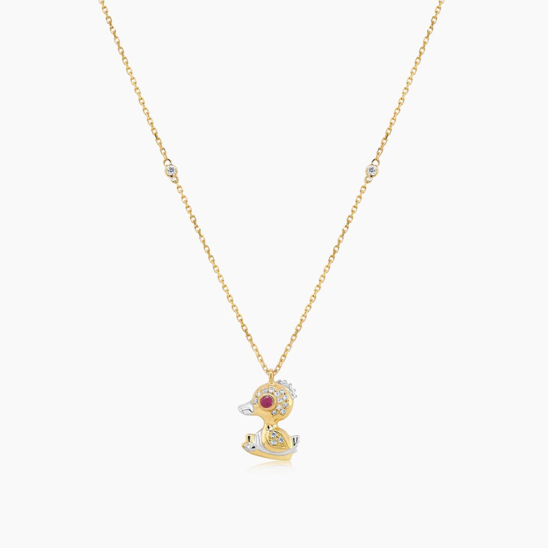 Duck Goose Bird White Diamond Ruby 18K Yellow Gold Animal Pendant Necklace