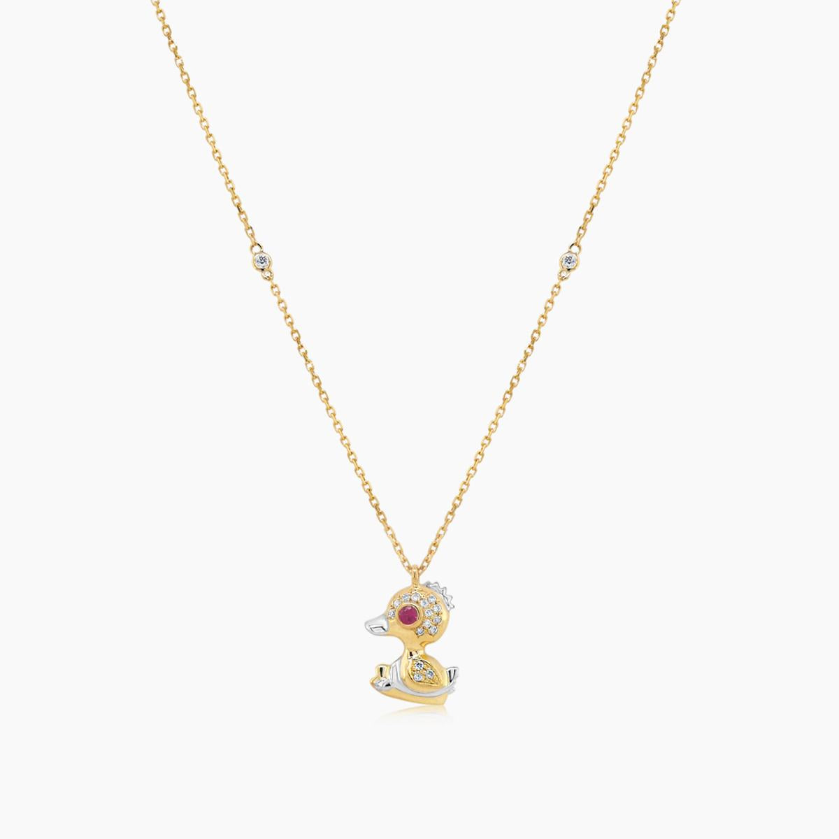 Duck Goose Bird White Diamond Ruby 18K Yellow Gold Animal Pendant Necklace