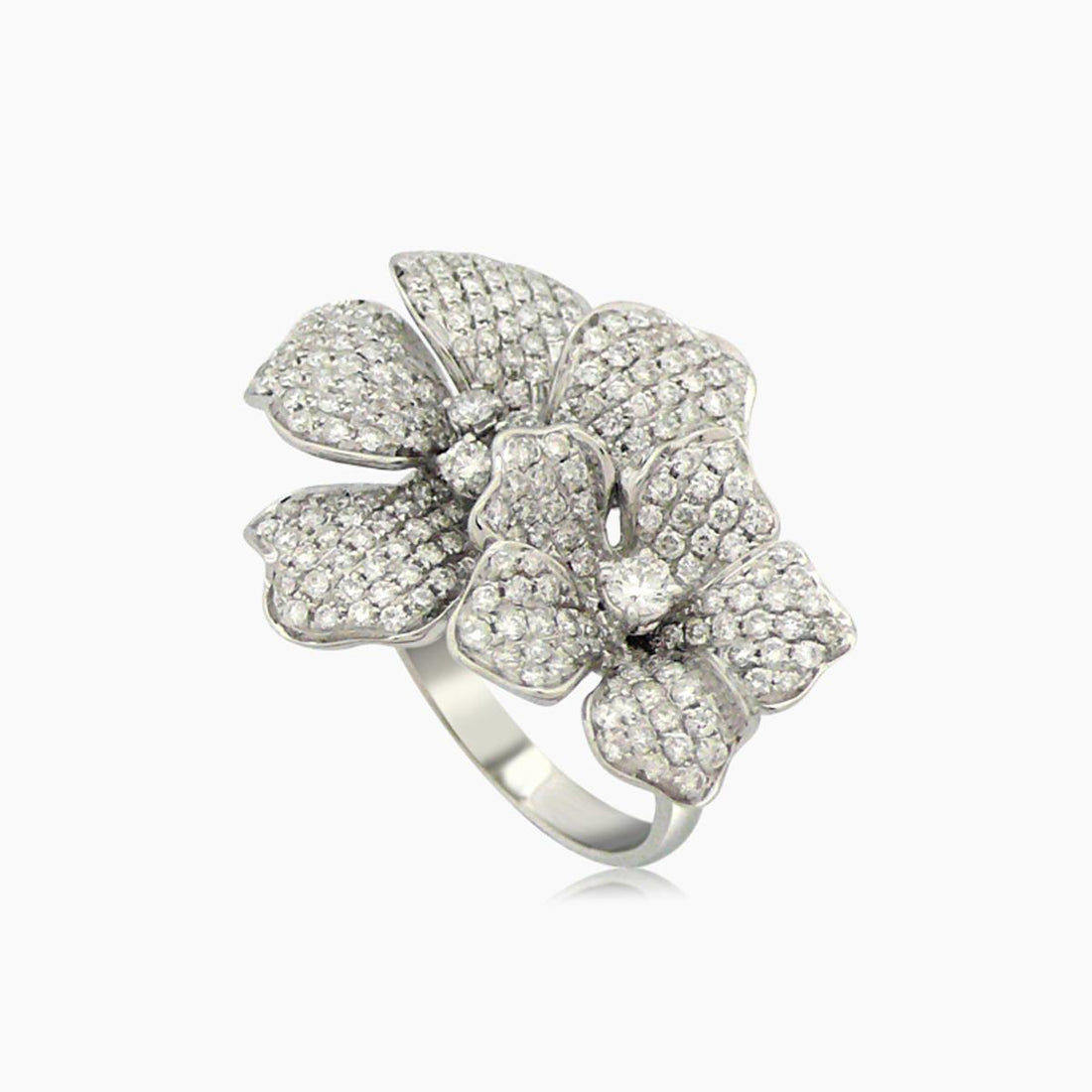 White Diamond Pave Set Lilly Flower Floral 18K White Gold Ring